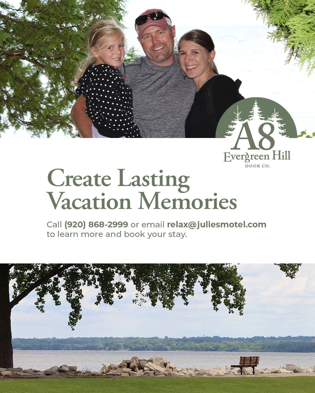 🌲How to Book Your Stay
To rent A8 Evergreen Hill, call or email Julie's Park Cafe &amp; Motel.
📞 (920) 868-2999
📧 relax@juliesmotel.com
Ask for A8!

Door County | Vacation Rental | Fish Creek

The Details: 
&bull; 2-bedroom condo with additional p