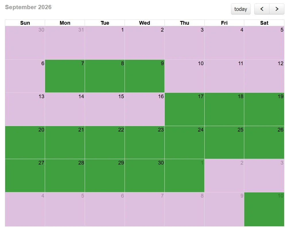 Dates in GREEN are still available for September! 

🌲How to Book Your Stay
To rent A8 Evergreen Hill, call or email Julie's Park Cafe &amp; Motel.
📞 (920) 868-2999
📧 relax@juliesmotel.com
Ask for A8!

Door County | Vacation Rental | Fish Creek

Mo