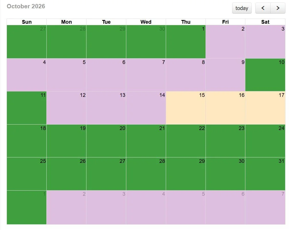 Dates in GREEN are still available in October. Don't miss a wonderful fall visit to Door County. 

How to Book Your Stay
To rent A8 Evergreen Hill, call or email Julie's Park Cafe &amp; Motel.
📞 (920) 868-2999
📧 relax@juliesmotel.com
Ask for A8!

D