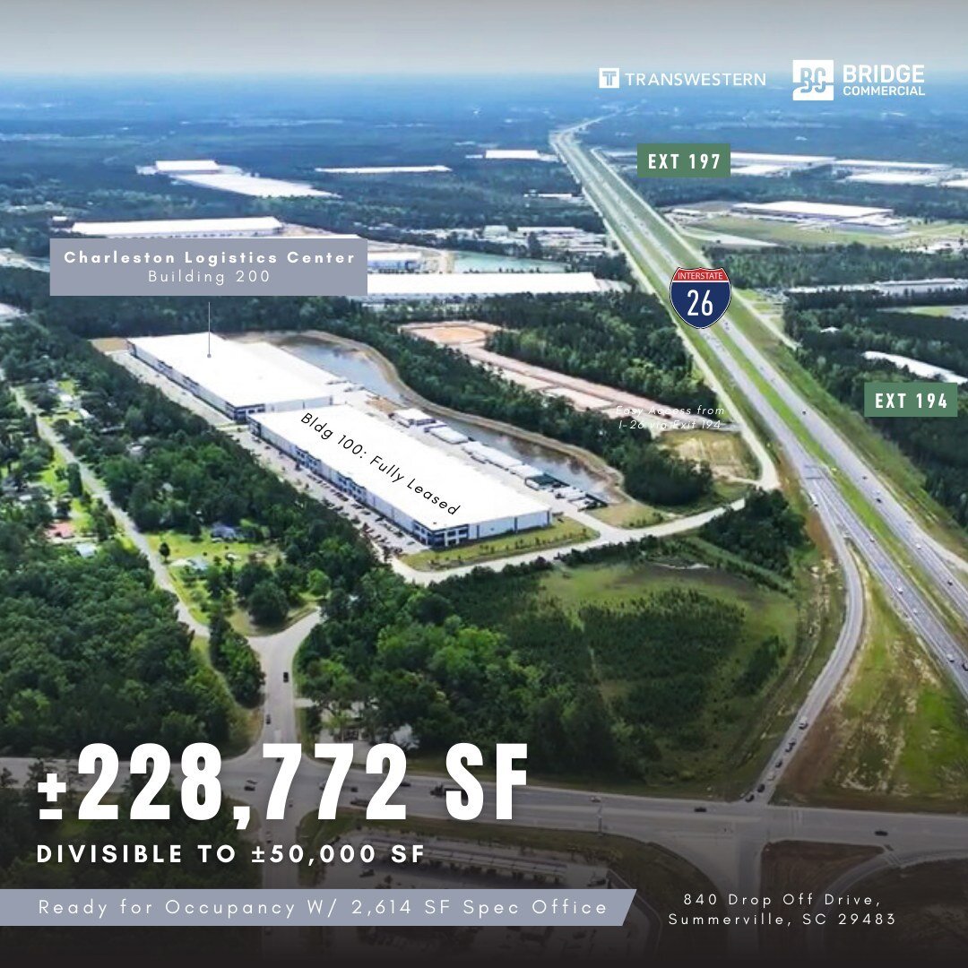 Charleston Logistics Center - Building 200⁠ is move in ready!⁠
⁠
Up to &plusmn;228,772 SF Class A industrial space for lease⁠ with a 2,614 SF speculative office, ten (10) dock packages, an open lighting plan, and a 36' clear height. ⁠
⁠
With direct a