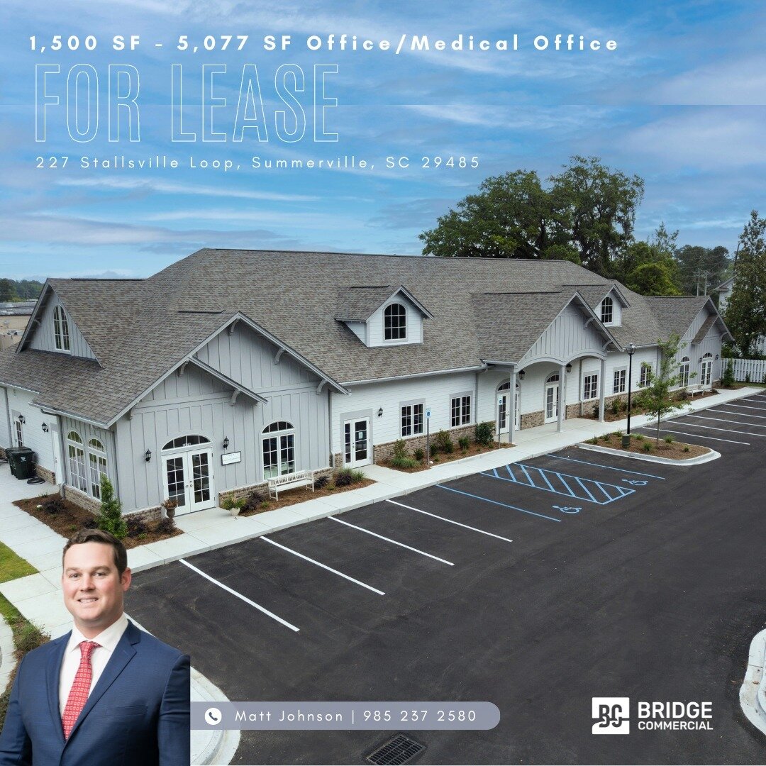 Office/Medical Office For Lease!⁠
⁠
5,077 SF available at 227 Stallsville Loop in Summerville, South Carolina. Brand new office building with modern finishes and monument signage available. Superior location with an abundance of surrounding amenities