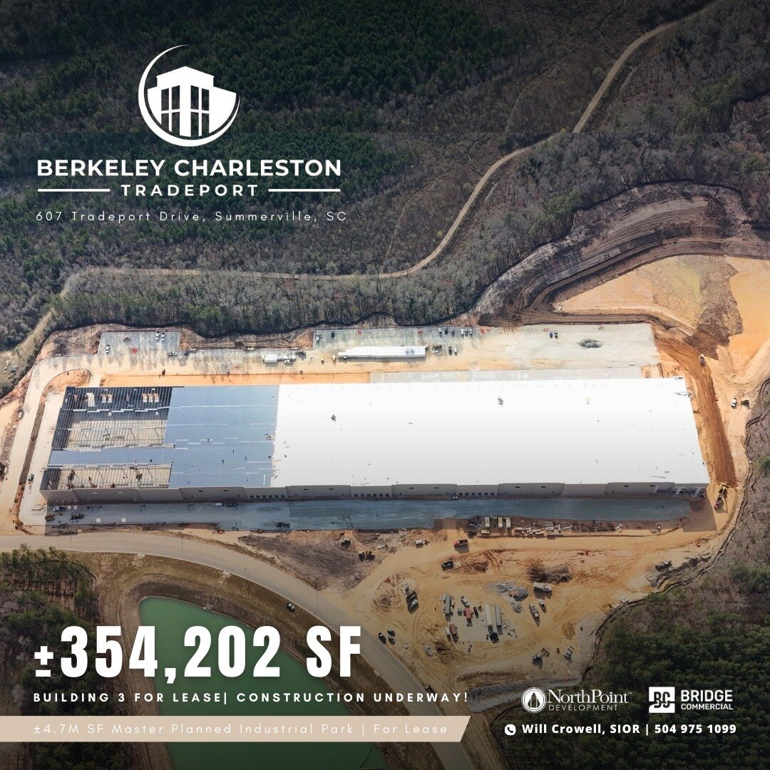 Berkeley Charleston Tradeport Building 3 construction is underway with &plusmn;354,202 SF for lease!⁠
⁠
Berkeley Charleston Tradeport is a master-planned industrial park featuring &plusmn;4.4 M SF, making it a prime destination for companies in searc