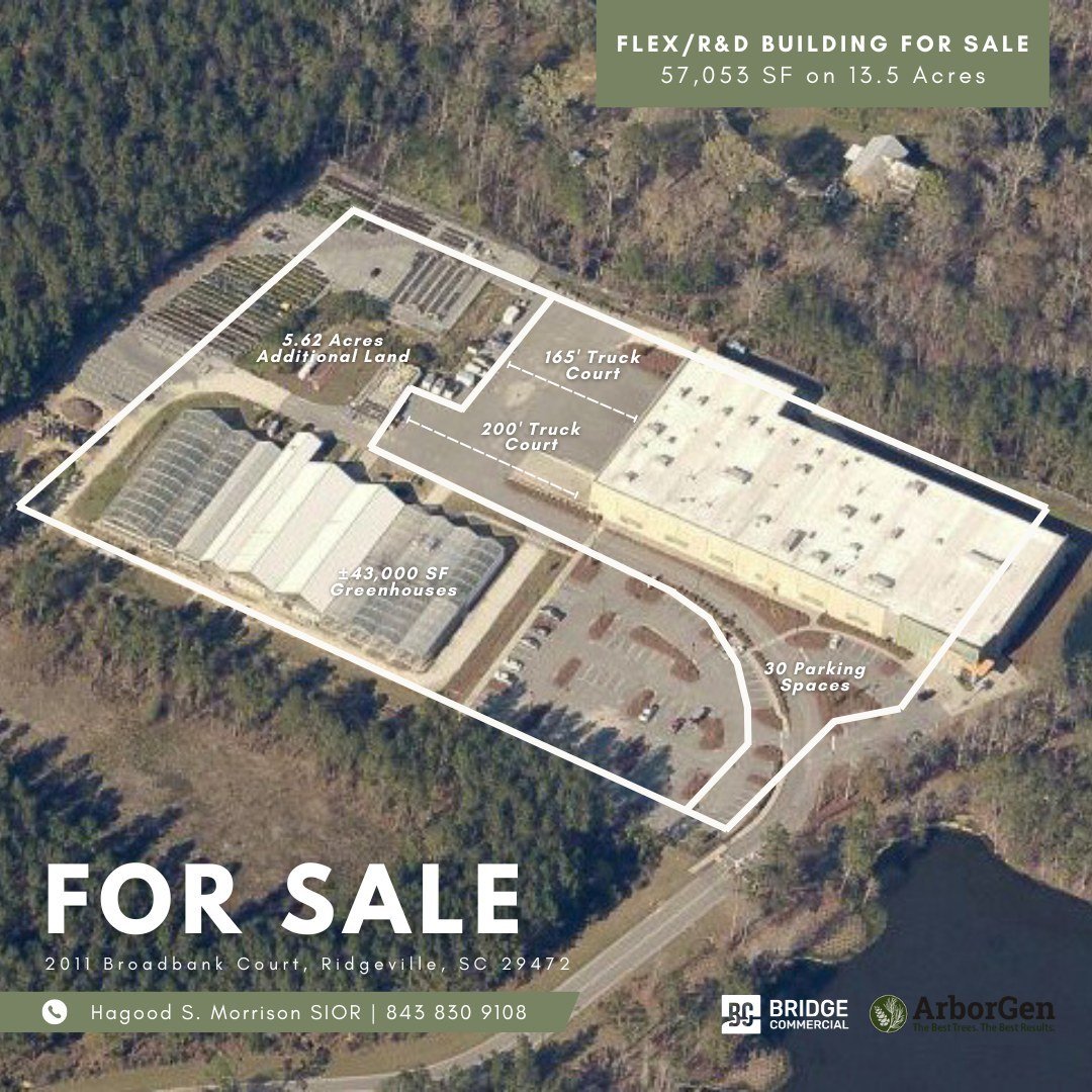 Listing Alert! 2011 Broadbank Court | Ridgeville, SC⁠
⁠
57,053 SF Building for Sale on 13.5 Acres in Ridgeville, South Carolina!⁠
⁠
This Property Includes:⁠
- +/- 43,000 SF Greenhouse⁠
- 30 Parking Spaces ⁠
- Over 200' Truck Court ⁠
- Over 5 Acres of