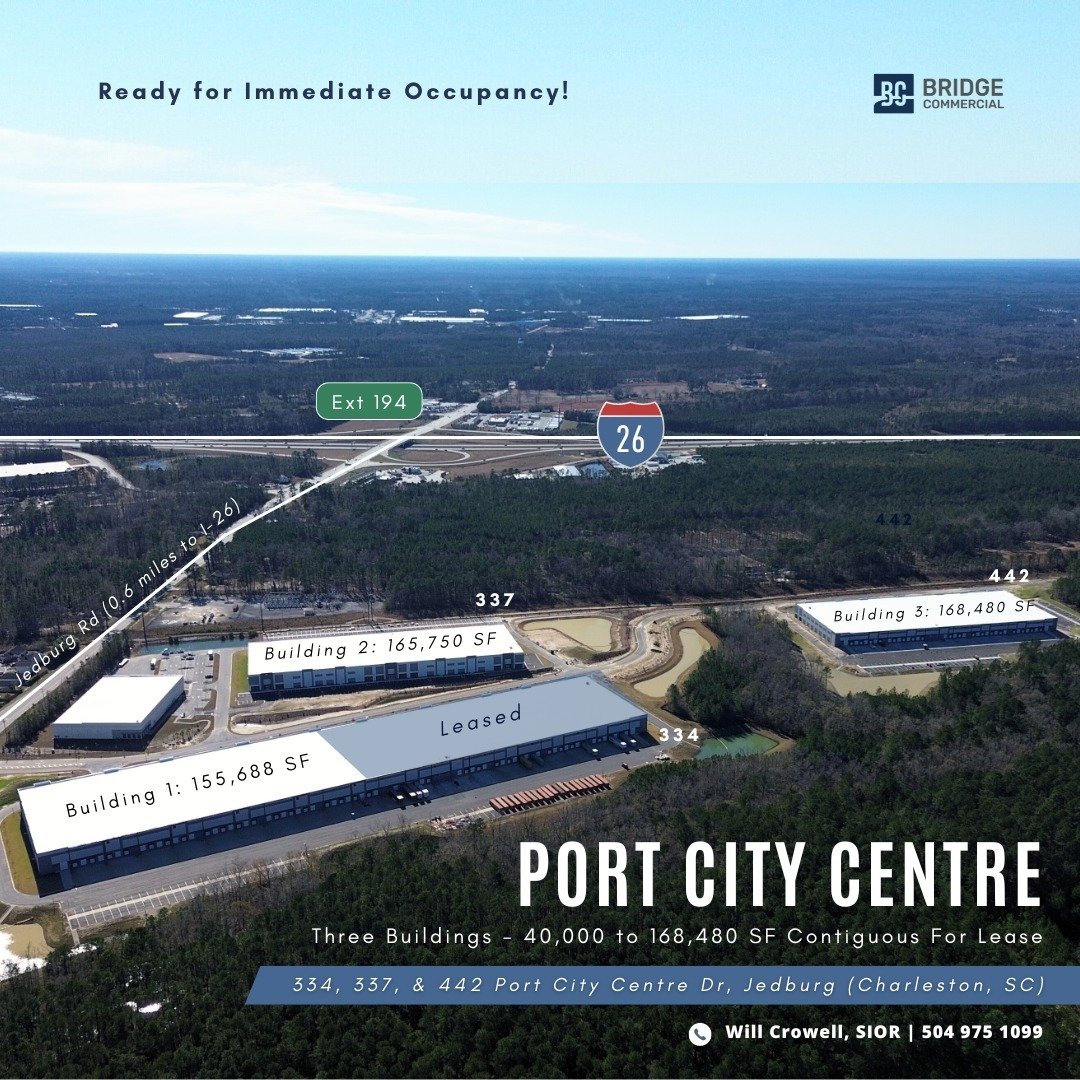 Port City Centre is ready for immediate occupancy! ⁠
⁠
This three (3) building offering is strategically located within Charleston's booming industrial corridor.⁠
⁠
40,000 to 168,480 SF contiguous for lease with dock packages in place with 40,000 lb 