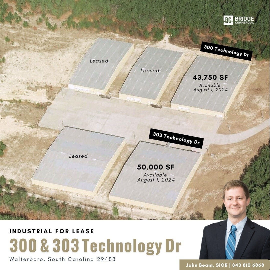 Happy Warehouse Wednesday!⁠
⁠
300 and 303 Technology Drive in Walterboro, SC, available for lease! Both available August 1, 2024, 300 Technology Drive offers 43,750 square feet, while 303 Technology Drive offers 50,000 square feet, both $5.50 PSF MG.