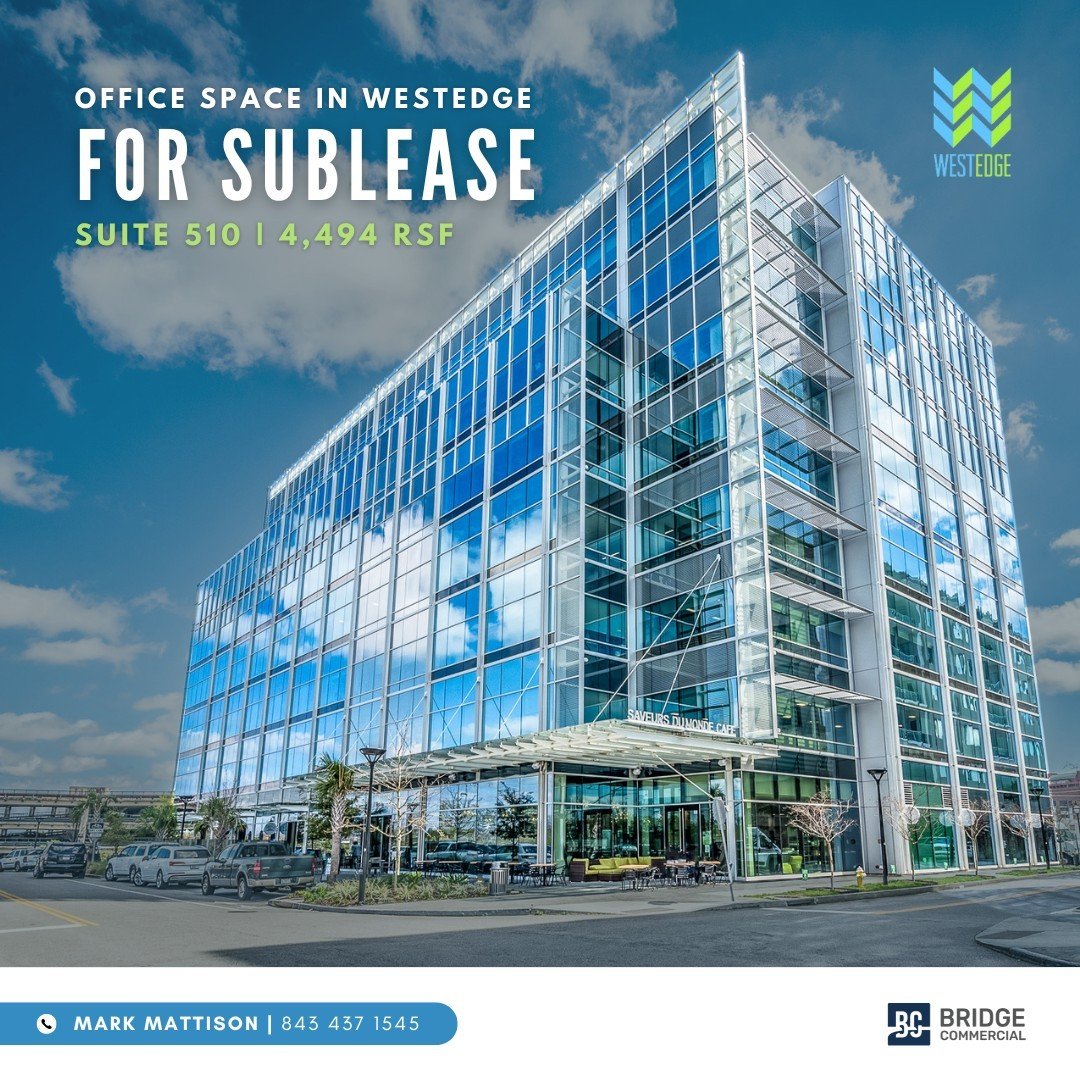 Office For Sublease in Downtown Charleston's Westedge!⁠
⁠
4,494 SF available immediately with a reduced rental rate of $30.50 RSF Full Service. Offers high-end finishes with an open area which can accommodate 24 workstations, has 5 windowed offices, 