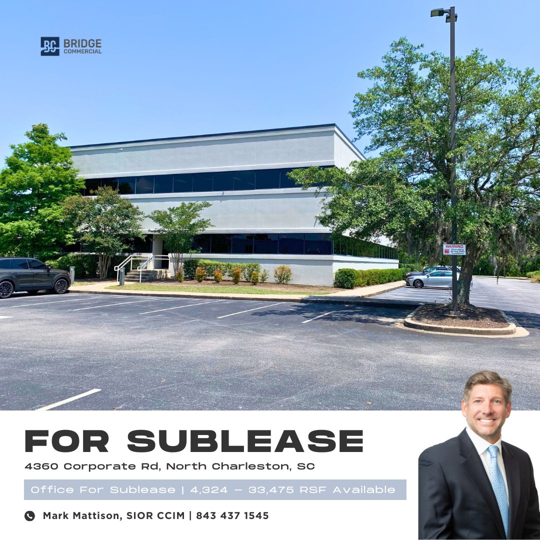 Class A Office Space For Sublease⁠
⁠
4,324-33,475 RSF available at 4360 Corporate Road in North Charleston, SC. Free standing office building with superior access to amenities. For more information, contact Mark Mattison. ⁠
⁠
#bridgecommercial #charl