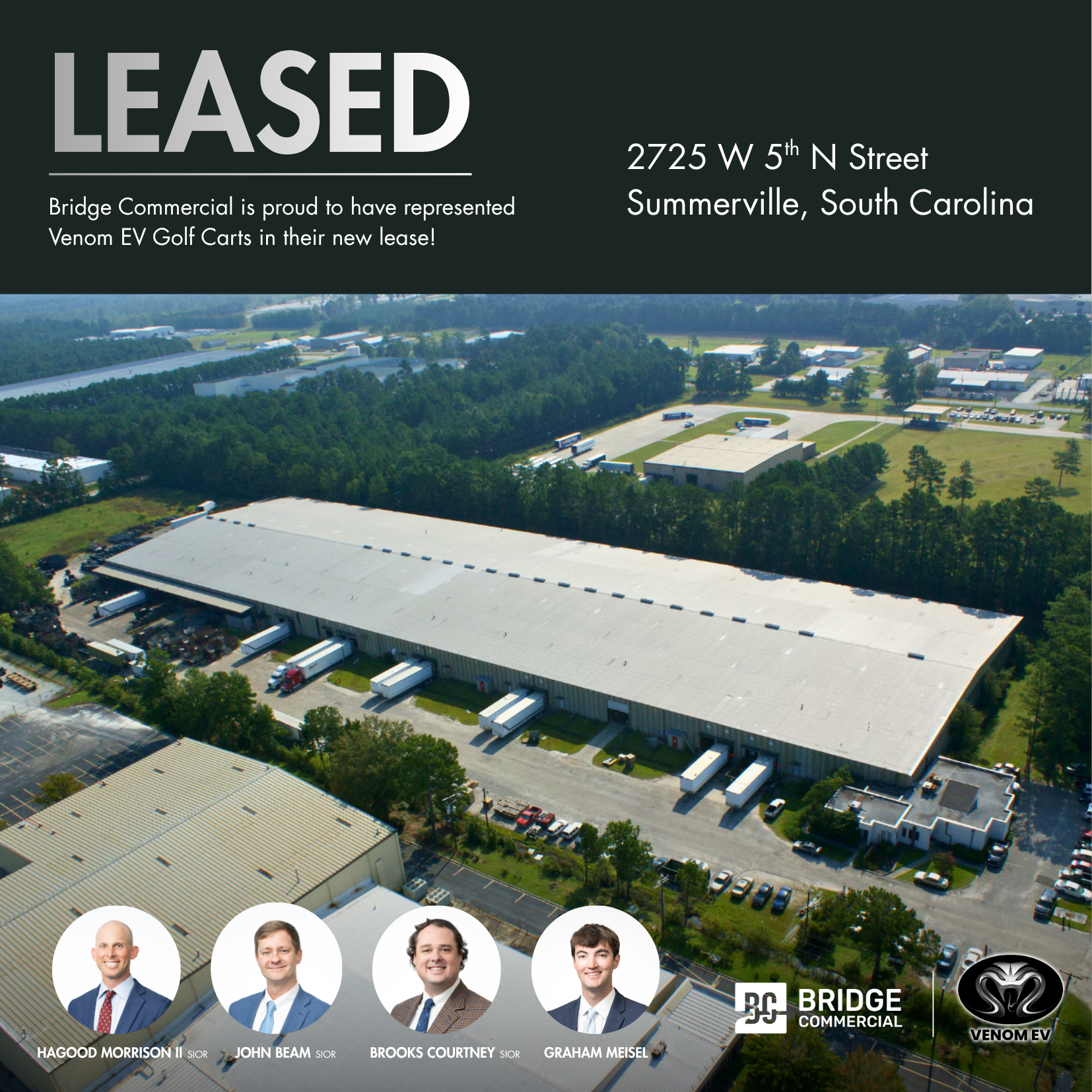 BRIDGE COMMERCIAL REPRESENTS VENOM EV IN 200,000 SF HEADQUARTERS RELOCATION TO CHARLESTON, SC.
