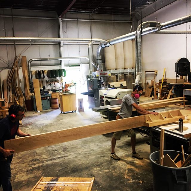Teamwork makes the dream work... Kerfing wide 10/4&rdquo; white oak to prep for re-sawing on our trusty 36&rdquo; Crescent bandsaw. Commercial thickness veneers will not withstand the wire brushed finishes specified by @marcusgleysteenarchitects for 