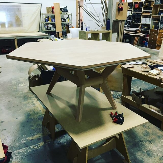 Pretty excited about this table - a commission from our partner interior design studio @tackstudios. Proprietary design, rift red oak hexagon with fixed base. Table comes with a 2&rsquo; leaf to make an oblong octagon, specific to its owners&rsquo; r