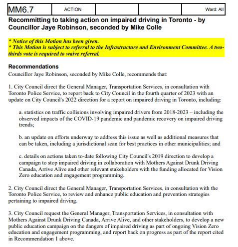 Recommitting to Taking Action on Impaired Driving in Toronto    