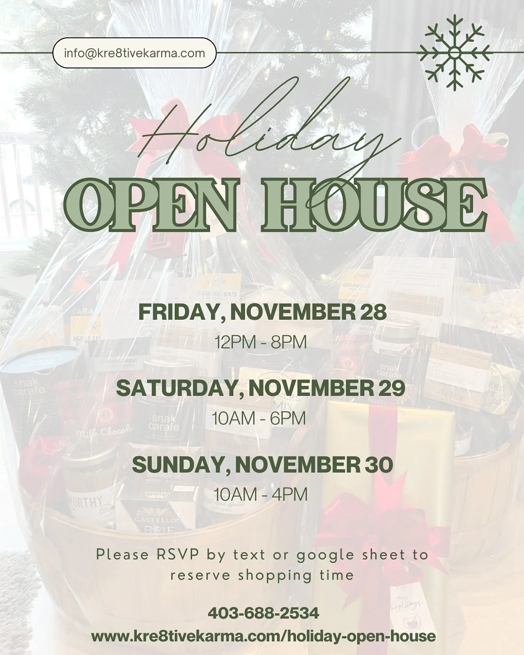 Our Holiday Open House is back!🎄✨

Join us for a cozy, in-person shopping weekend filled with local and Canadian-made gift ideas. Perfect for everyone on your list!

November 28-30, 2025🎁
🕐 Book your shopping time slot to shop comfortably and avoi