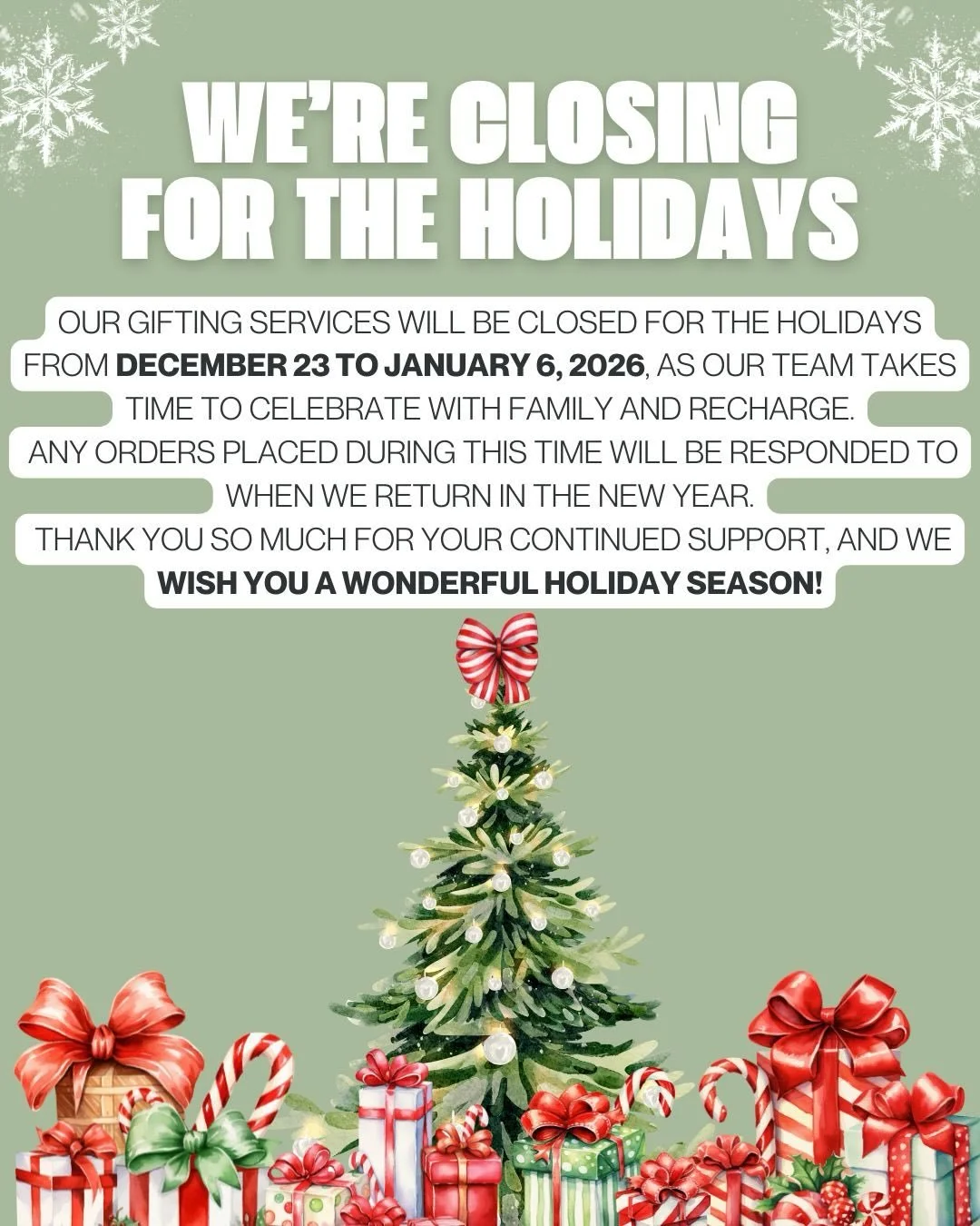 Wow! As we wrap up an incredibly busy gifting season, we want to say a heartfelt thank you to everyone who trusted us with their gifts this year!🎄🎁✨

We&rsquo;ll be taking a break from December 23rd to January 6th to spend time with our loved ones.