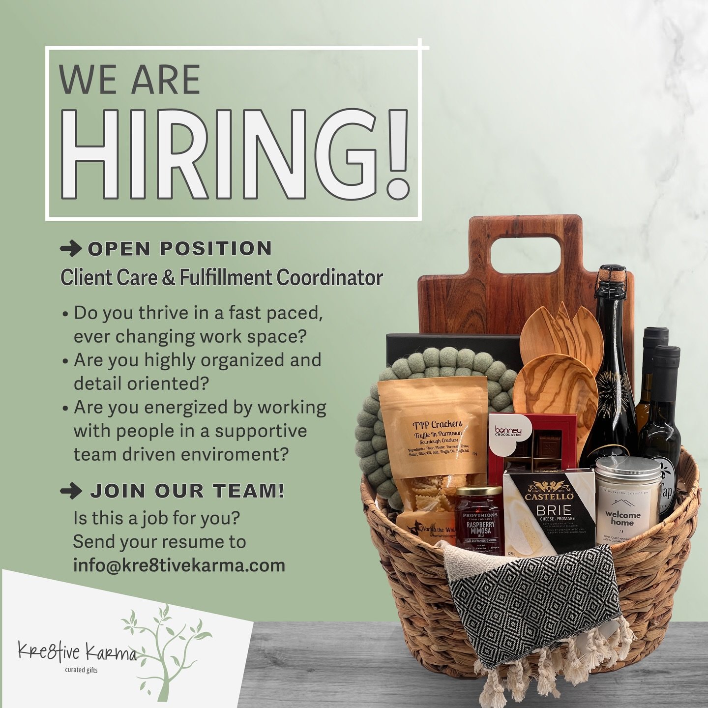 Kre8tive Karma is a unique gifting company located in Southwest Calgary, AB.  We are looking for a Client Care &amp; Fulfillment Coordinator to join our FUN, collaborative team.

Is this you?
 *  Highly organized with great attention to detail.
 *  C