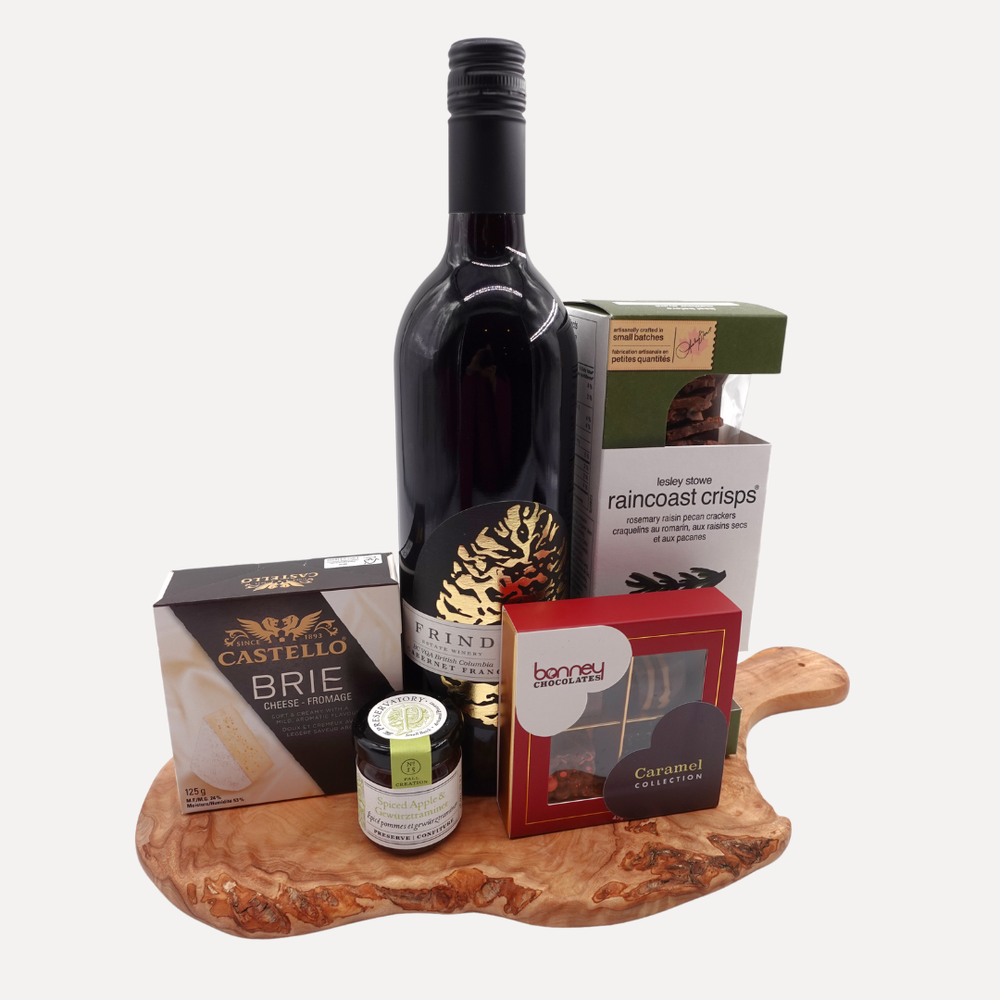 Cheese Pleaser Gift – Olive Wood Board, Wine, Crackers, Brie