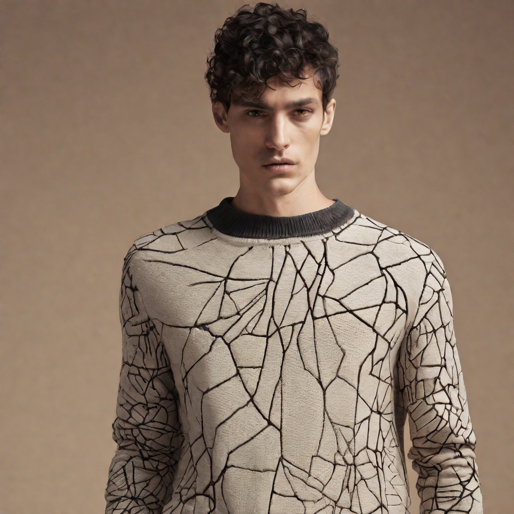 Male_model_wearing_lightweight_sweater_featuring_asymmetric_silhouette,_intricate_patterns_resembling_cracked_earth_with_jagged_lines_and_organic_shapes.-2.png