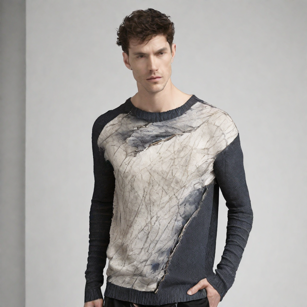 Male_model_wearing_lightweight_sweater_featuring_asymmetric_silhouette,_intricate_patterns_resembling_cracked_paint_with_jagged_lines,_organic_shapes,_and_rugged_seaming-3.png