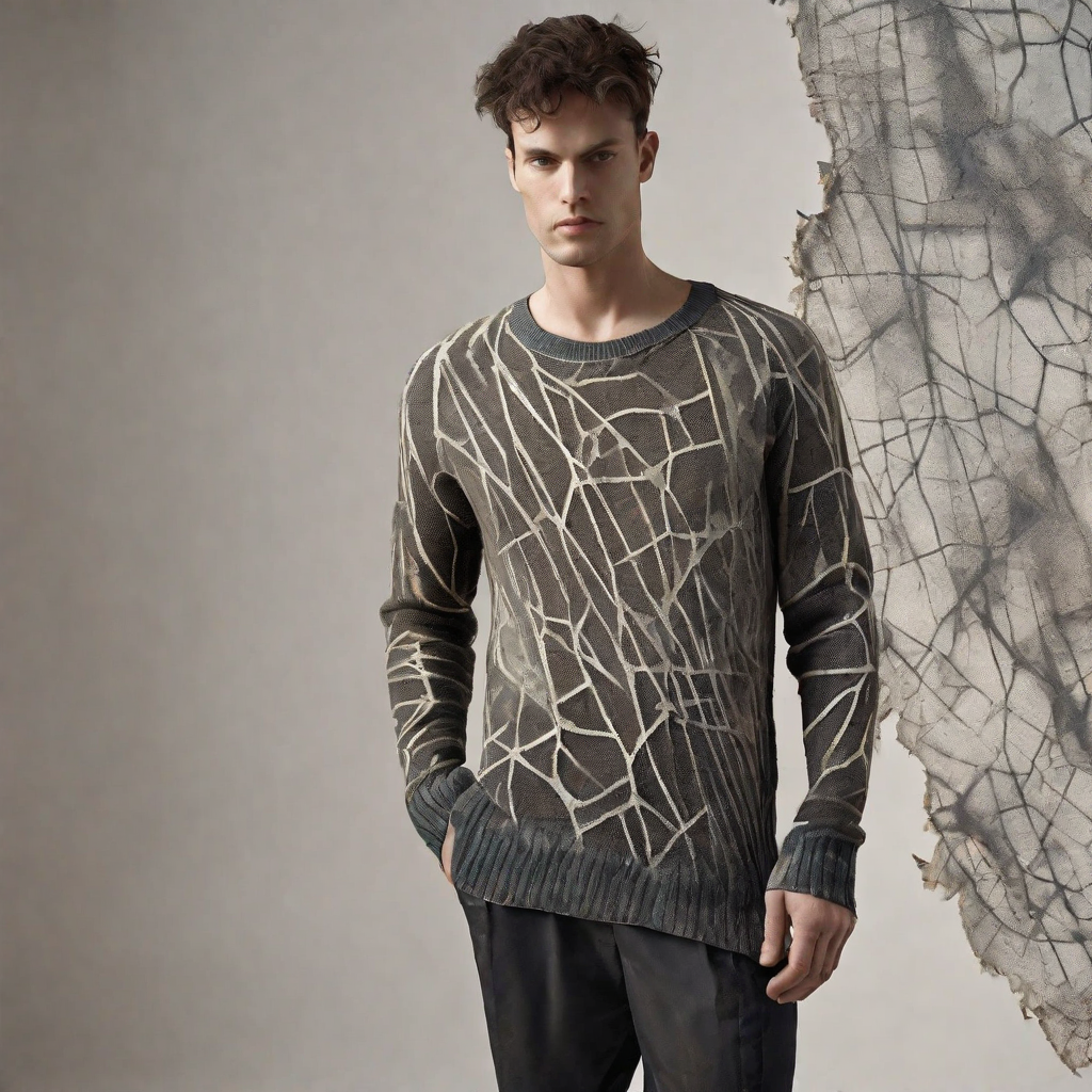 Male_model_wearing_lightweight_sweater_featuring_asymmetric_silhouette,_intricate_patterns_resembling_cracked_paint_with_jagged_lines,_organic_shapes,_and_rugged_seaming.png