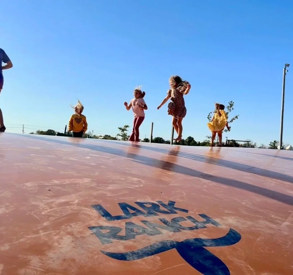 Children playing and jumping on an orange Lady Ranch inflatable bounce house outdoors under a clear blue sky.