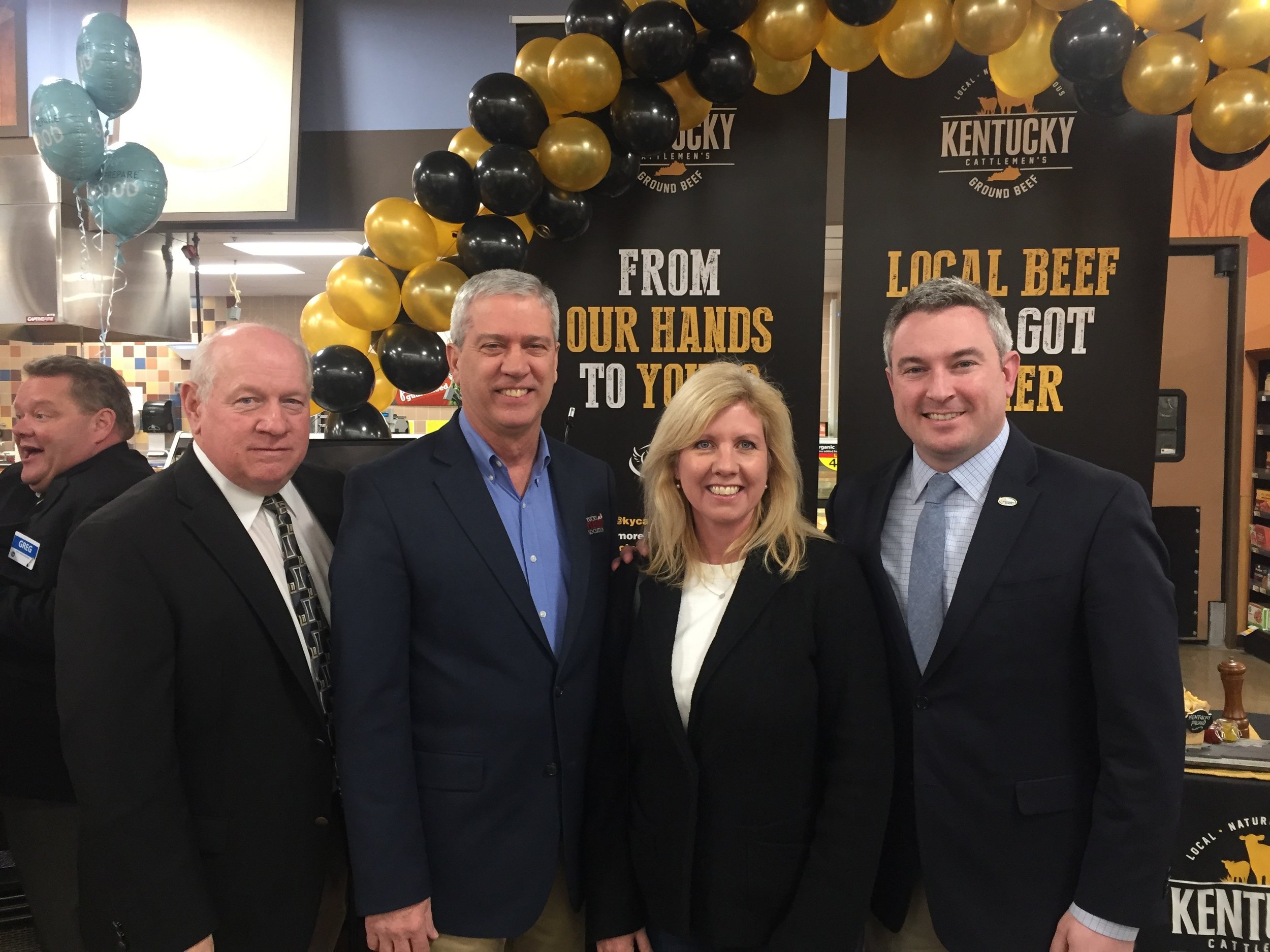 Warren Beeler (GOAP), Bobby Foree (KCA President), Laura Knoth (KyCorn), and Commissioner Ryan Quarles (KDA) at a Kroger/Kentucky Cattlemen's Ground Beef event in Louisville.&nbsp;