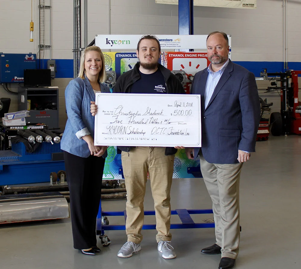Christopher Shadwick pictured with Andrea Borregard, OCTC Director or Financial Aid, and Mike Rodgers, Interim Vice President of Institutional Advancement