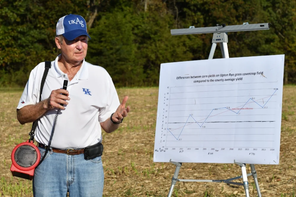 Dr. Lloyd Murdock shared how corn yields improved on an Illinois farm following several years of planting an annual ryegrass cover crop. Photo courtesy of Farm Scholar LLC.