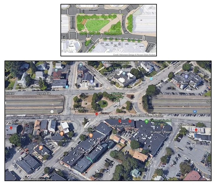 Aerial of East Milton Square & Proposed Manning Park Redesign