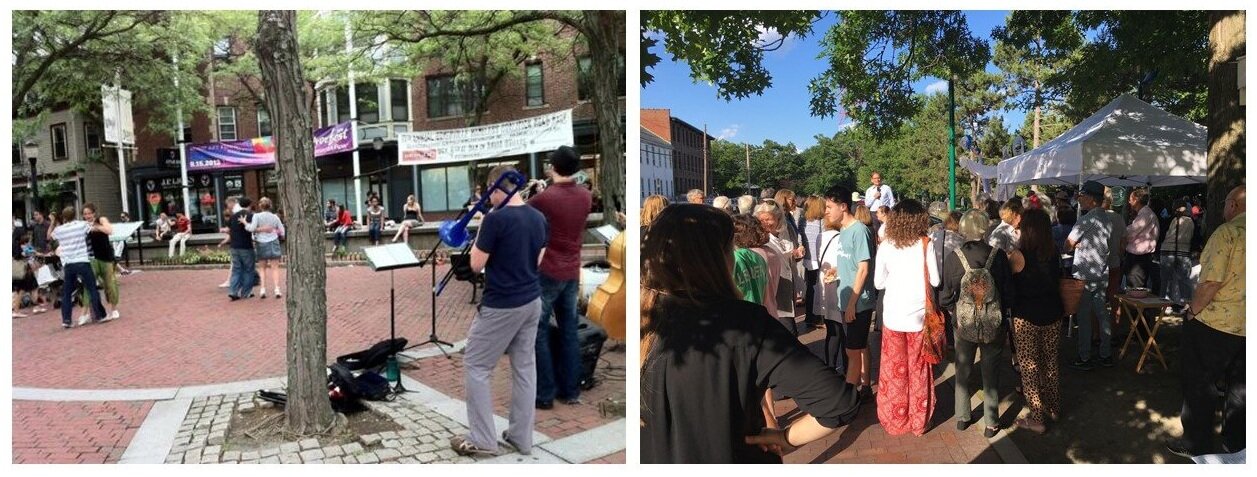 Davis Square, Somerville + Depot Square, Upper Falls Newton - Small urban spaces programmed for community events, art and leisure