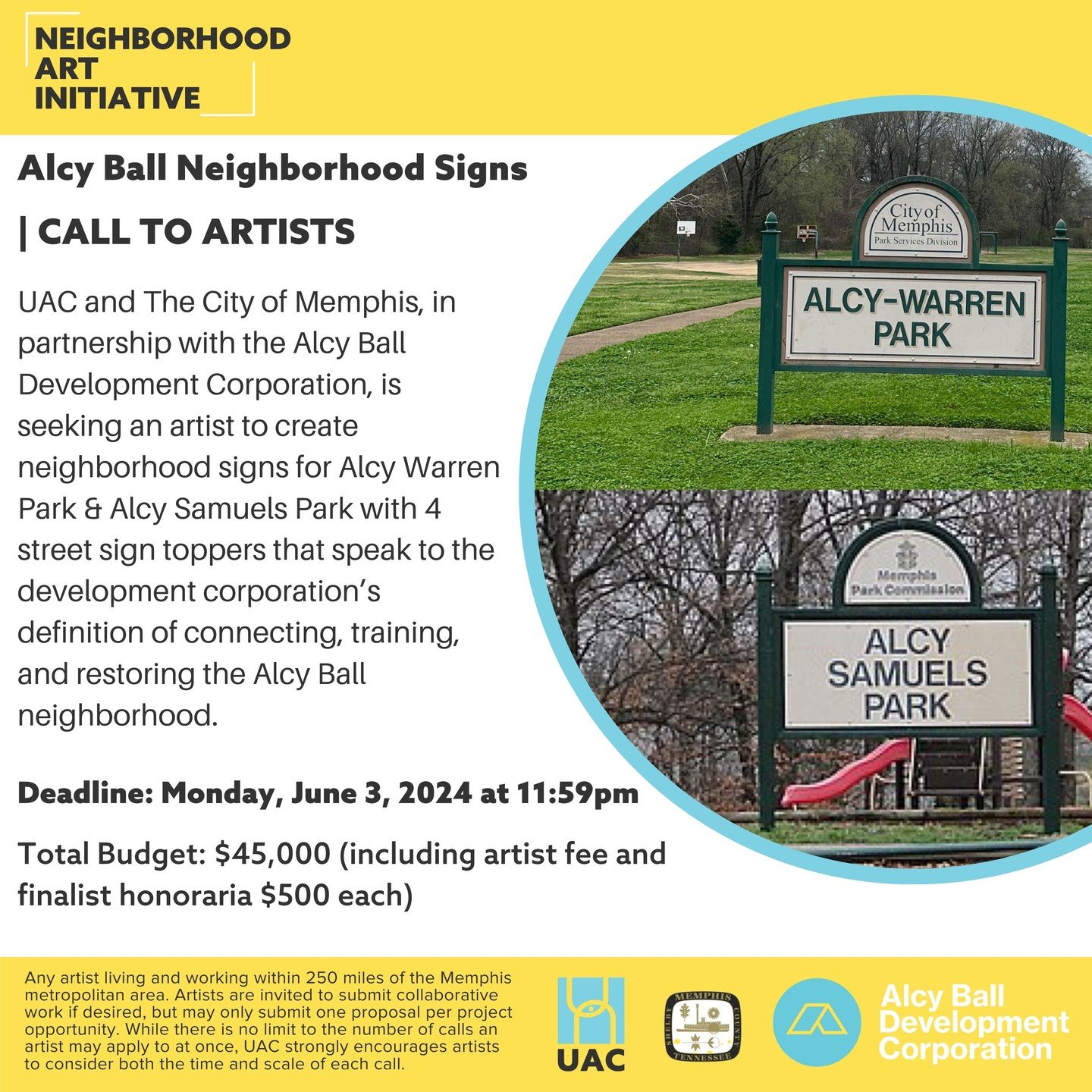 UAC and The City of Memphis, in partnership with the Alcy Ball Development Corporation, is seeking an artist to create neighborhood signs for Alcy Warren Park &amp; Alcy Samuels Park with 4 street sign toppers that speak to the development corporatio