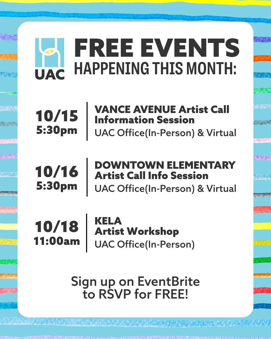 October is full of free opportunities to learn, connect, and create with UrbanArt Commission! 🎨

🗓️ Join us this month for:
&bull; Artist Call Info Session (Vance Ave) October 15th at 5:30 pm

&bull; Artist Call Info Session (Downtown Elementary) O