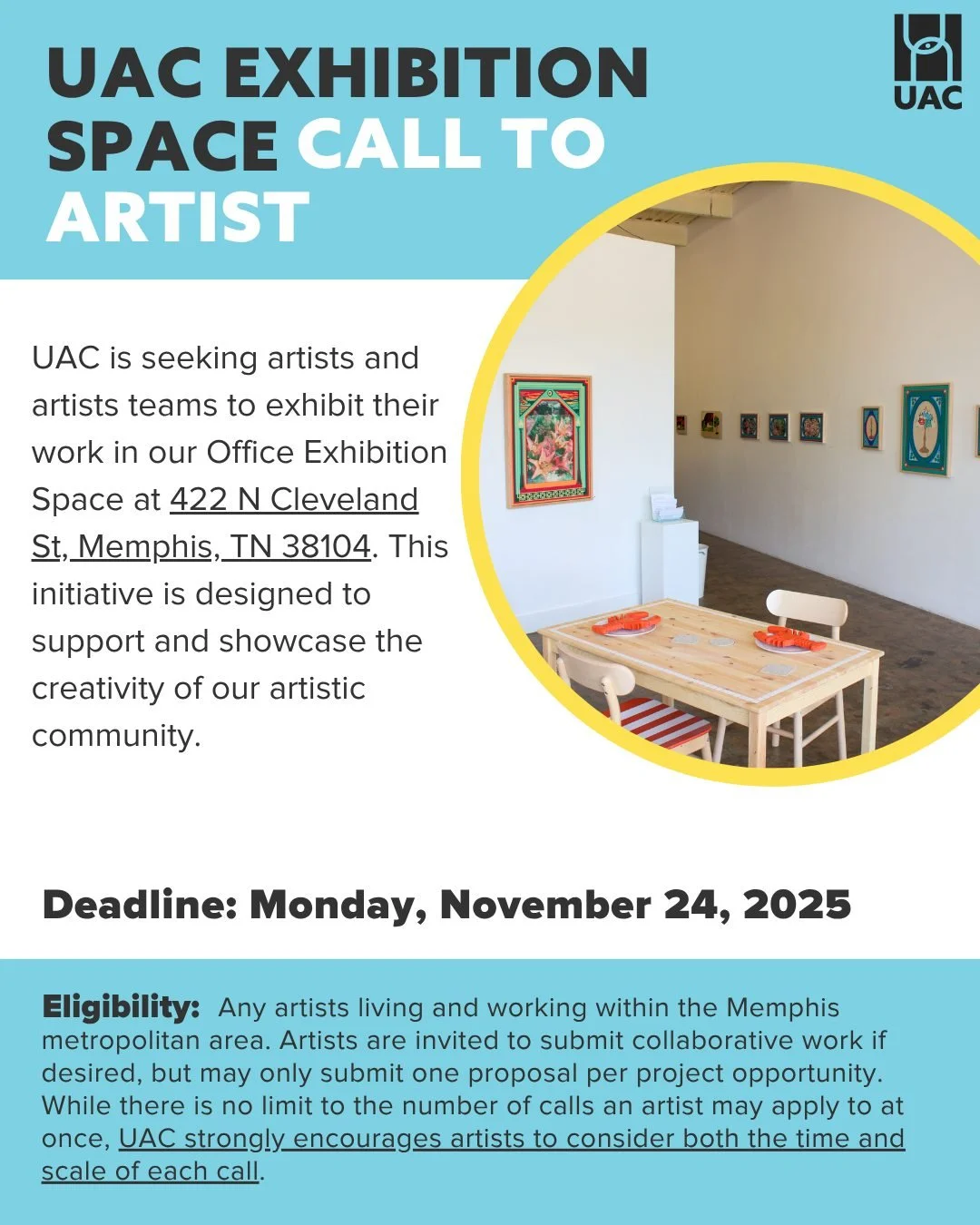 🎨 Now Accepting Applications!

UrbanArt Commission partners with local artists to offer free exhibition opportunities in our storefront office space at 422 N. Cleveland. This initiative supports and celebrates the creativity of Memphis&rsquo;s vibra