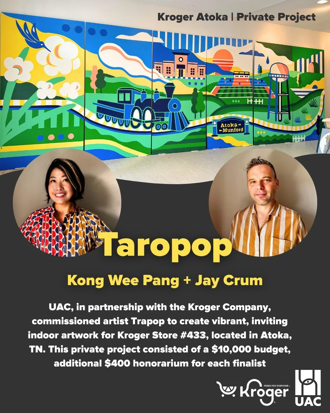 Another project completed! UAC, in partnership with the Kroger Company, commissioned artist Taropop to create vibrant, inviting indoor artwork for Kroger Store #433, located in Atoka, TN. This private project consisted of a $10,000 budget and an addi