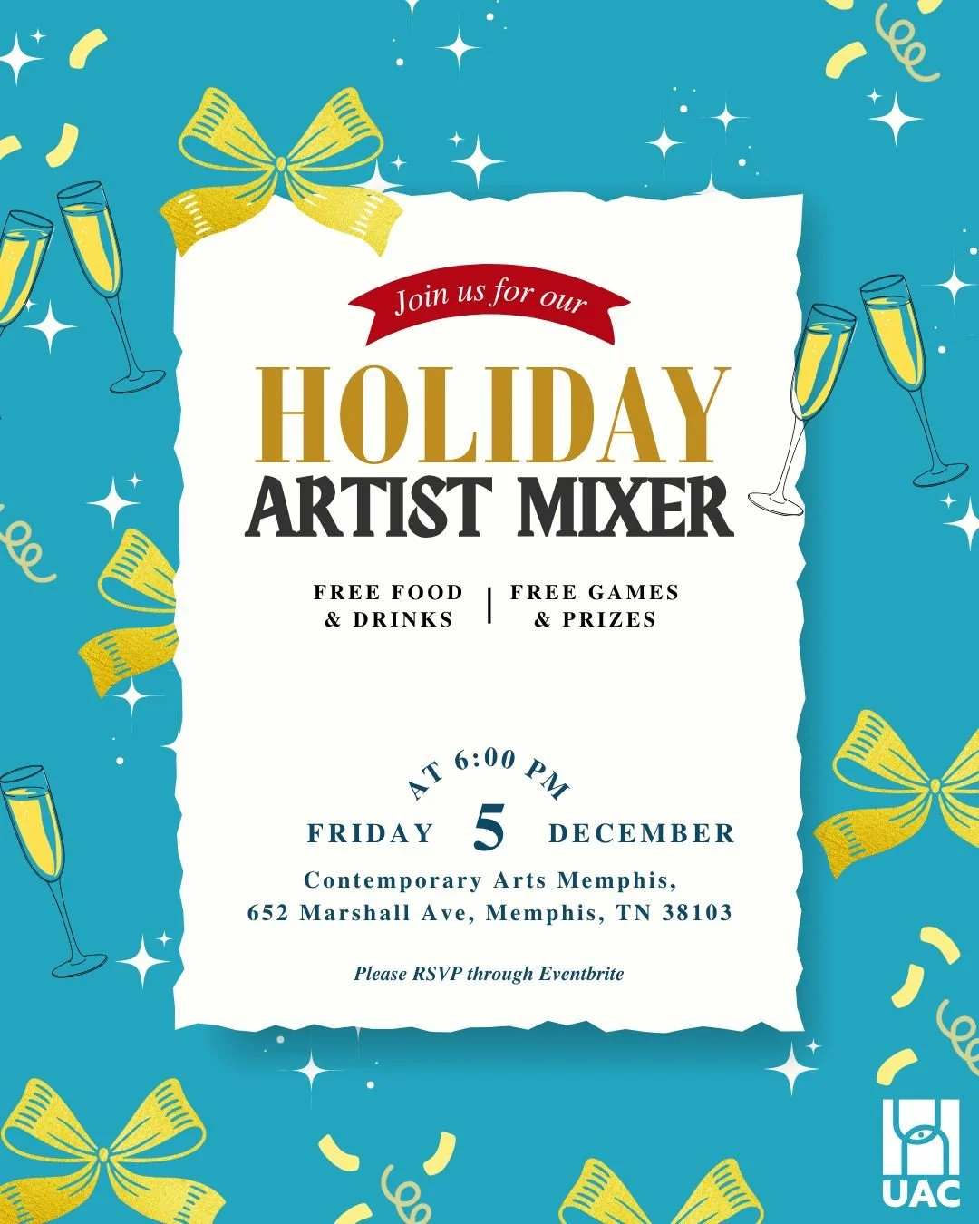 🎨✨ Holiday Artist Mixer ✨🎨 Celebrate the season with us at Contemporary Arts Memphis (CAM) on Friday, Dec 5 | 6&ndash;8 PM! Enjoy FREE food by Chef Eli and FREE drinks from Wiseacre, plus games, networking, and door prizes from our partners! We&rsq