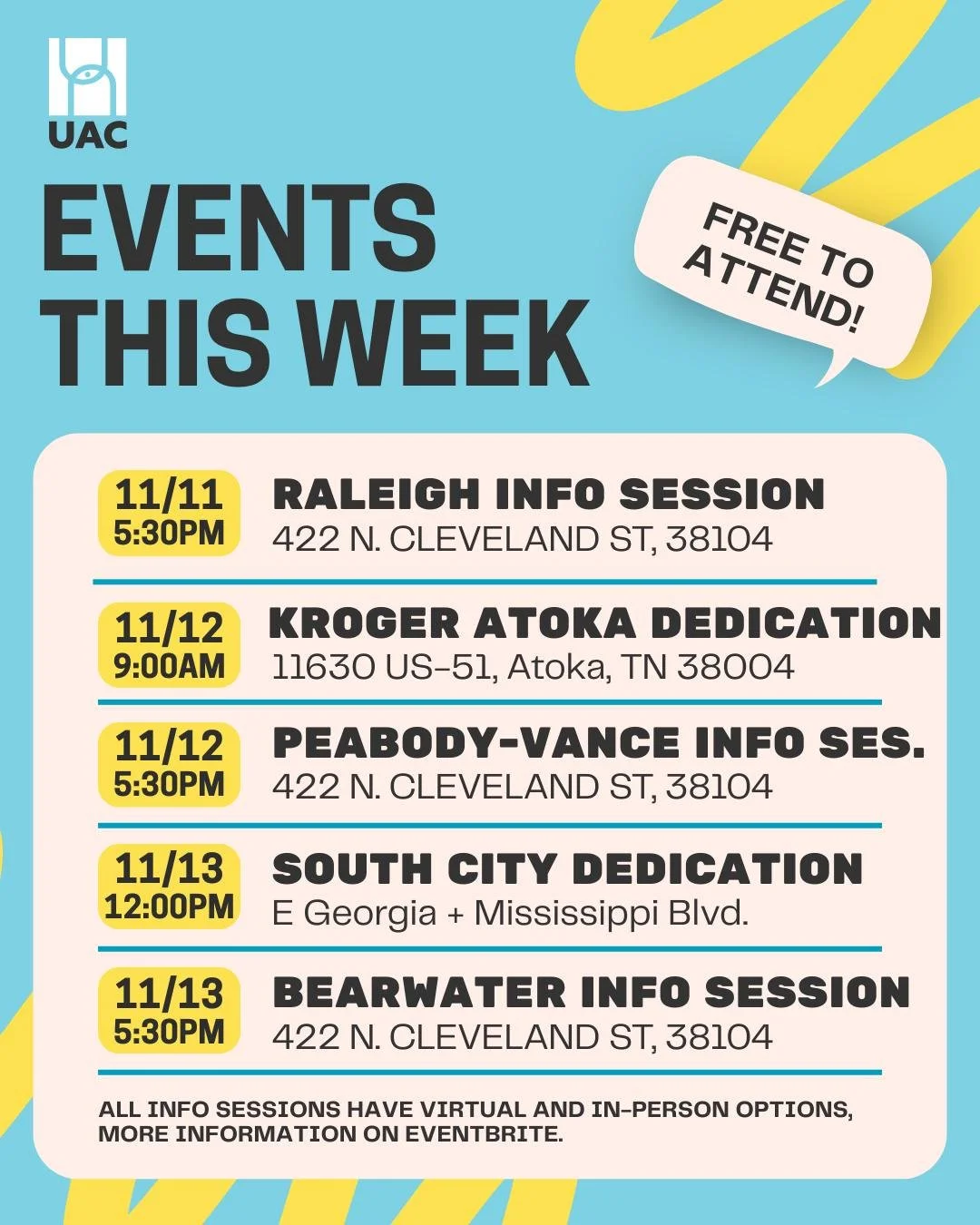 It&rsquo;s a full week of art and community with UAC! We&rsquo;ve got five events happening across Memphis and beyond &mdash; from info sessions to project dedications &mdash; and we can&rsquo;t wait to see you there! All of our info sessions also ha