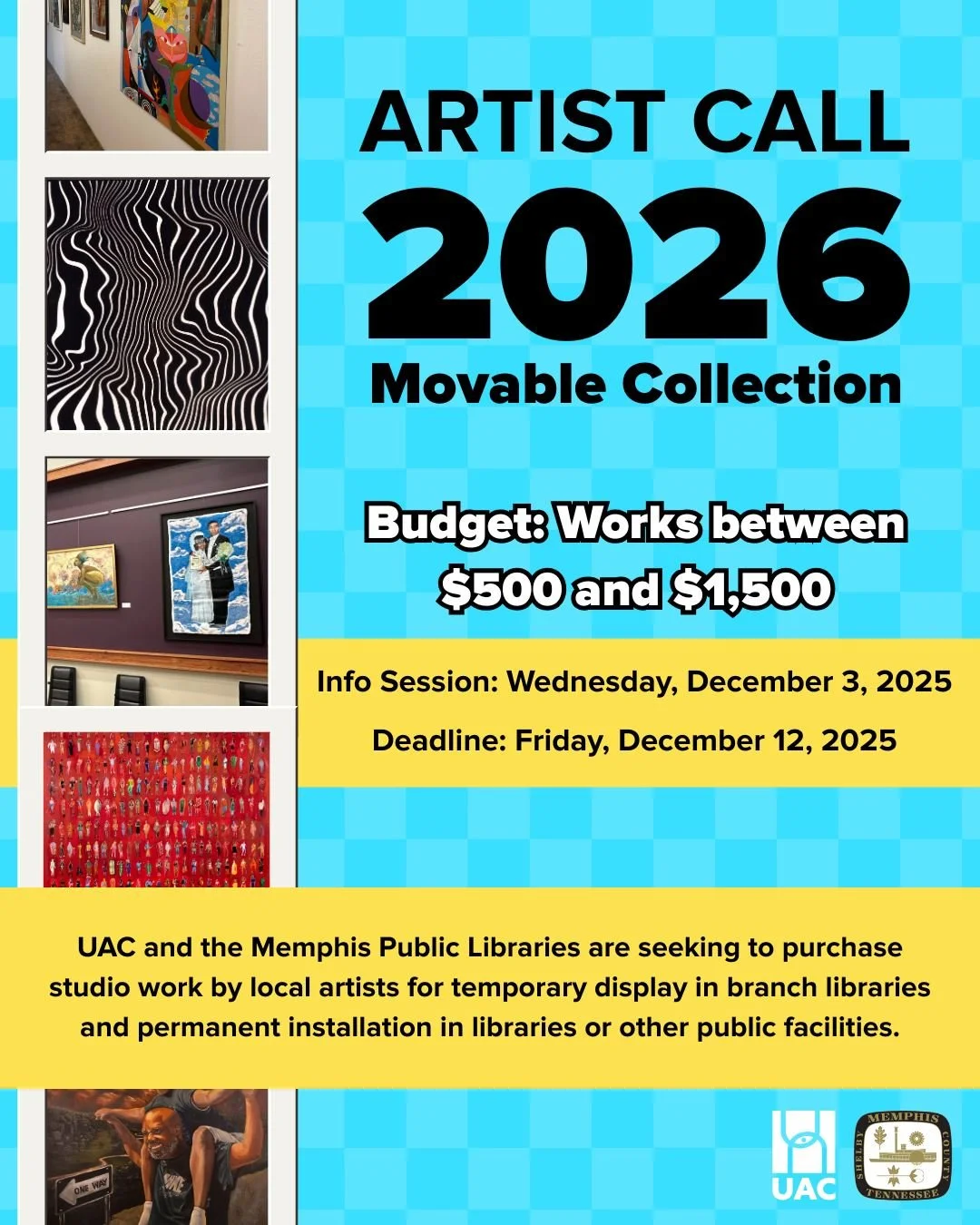Calling all Memphis-area artists! The UrbanArt Commission (UAC) is seeking artwork for the Movable Collection, a public art program that places locally made works in City of Memphis buildings and Memphis Public Library branches &mdash; including Gast