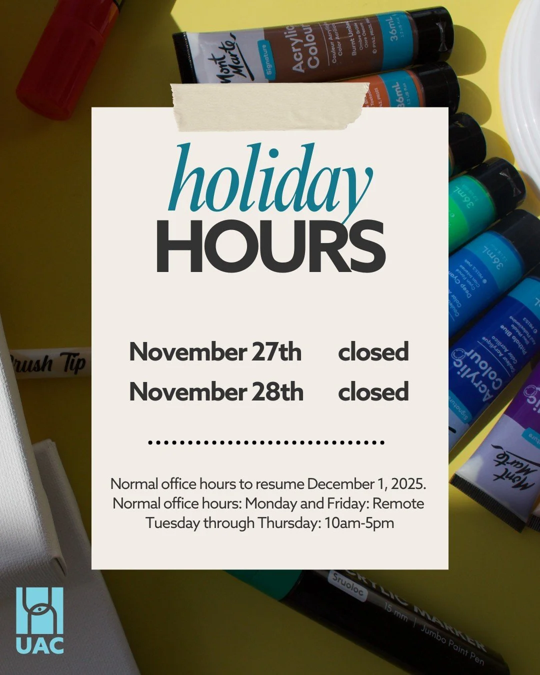 Happy Holidays! Our office will be closed November 27&ndash;28 and will resume normal hours on December 1. Regular Hours: Mon &amp; Fri: Remote, 10am&ndash;5pm Tue&ndash;Thu: Open on-site, 10am&ndash;5pm Visit us Tuesday&ndash;Thursday at 422 N. Clev
