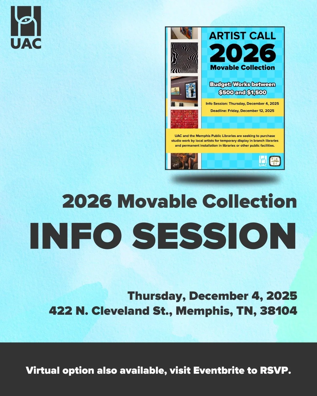 📣 Calling Memphis Artists! Join us tomorrow at 6 PM for an Info Session about the 2026 Movable Collection Artist Call! 🎨✨ Register here: https://www.eventbrite.com/e/info-session-uac-2026-movable-collection-artist-call-tickets-1967668935755 *****Li