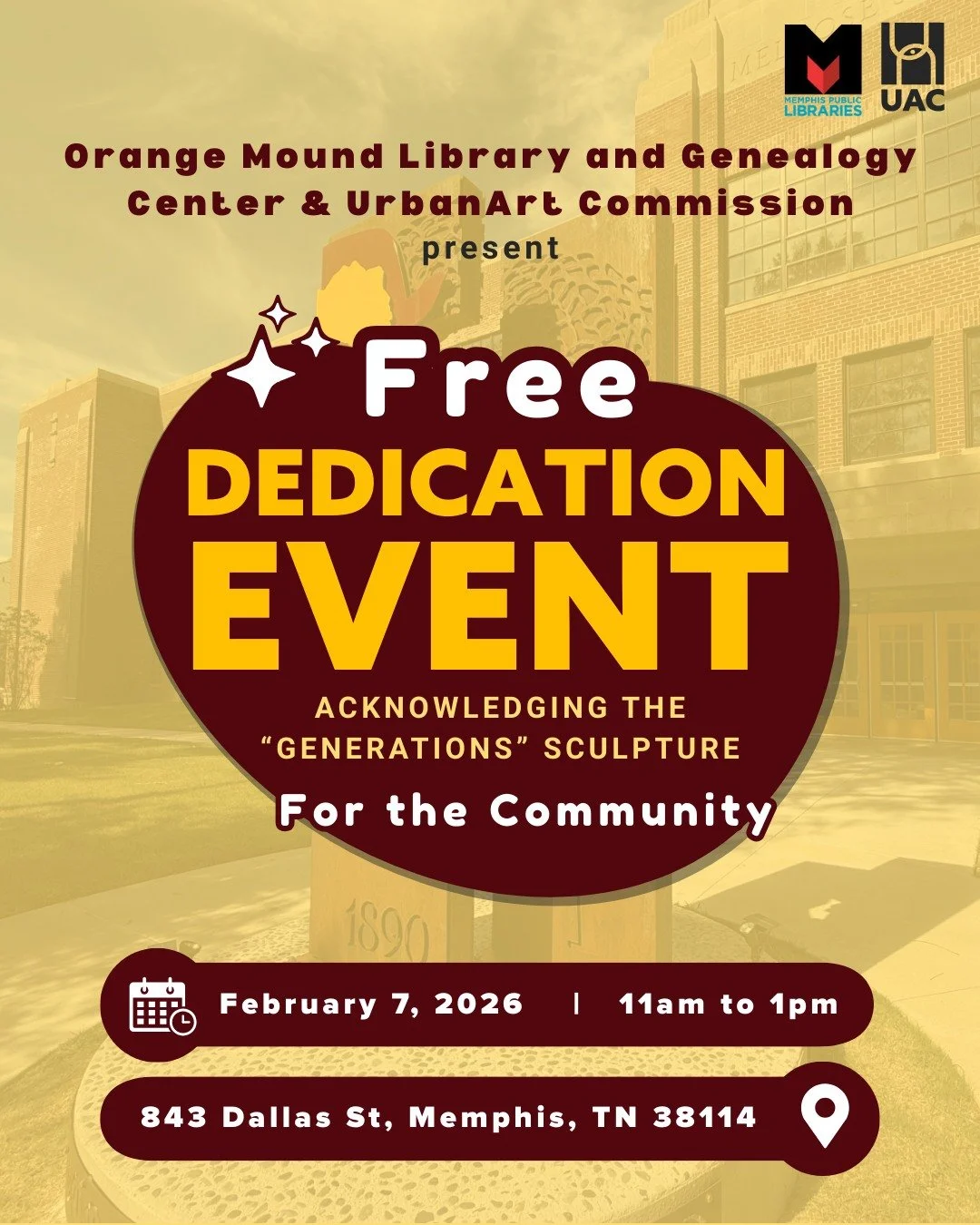 We are a few days away from the Dedication Event celebrating the "Generations" sculpture created by Daniel Moore for the Orange Mound Library and Genealogy Center. There will be fun activities for this family-friendly event. Hope to see you