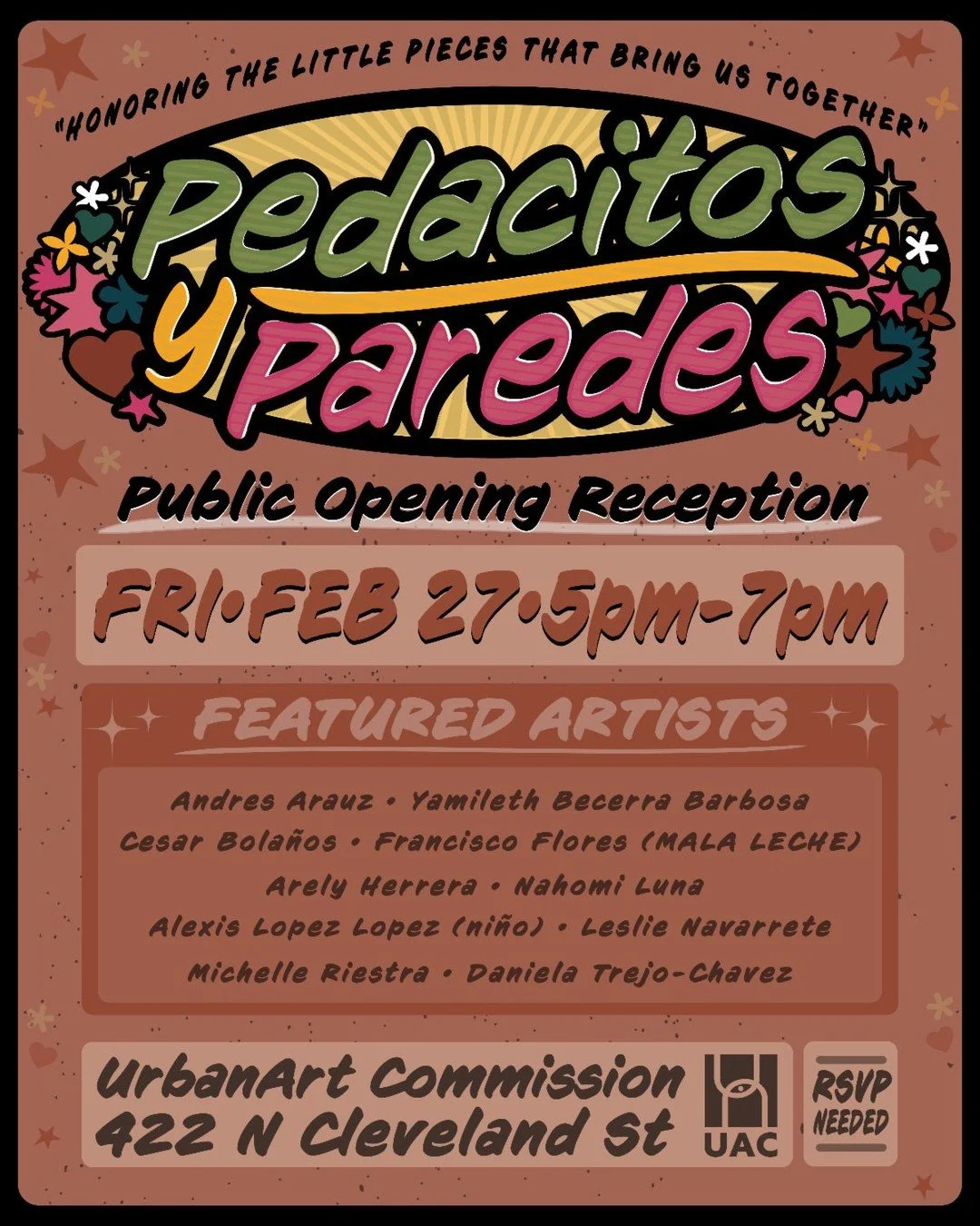 On behalf of Arely Herrera @arelyeherrera, We would like to invite you to the opening of Pedacitos y Paredes, an exhibition featuring 10 Memphis-based artists of Latine backgrounds. The show centers the little pieces of material and memory, calling t