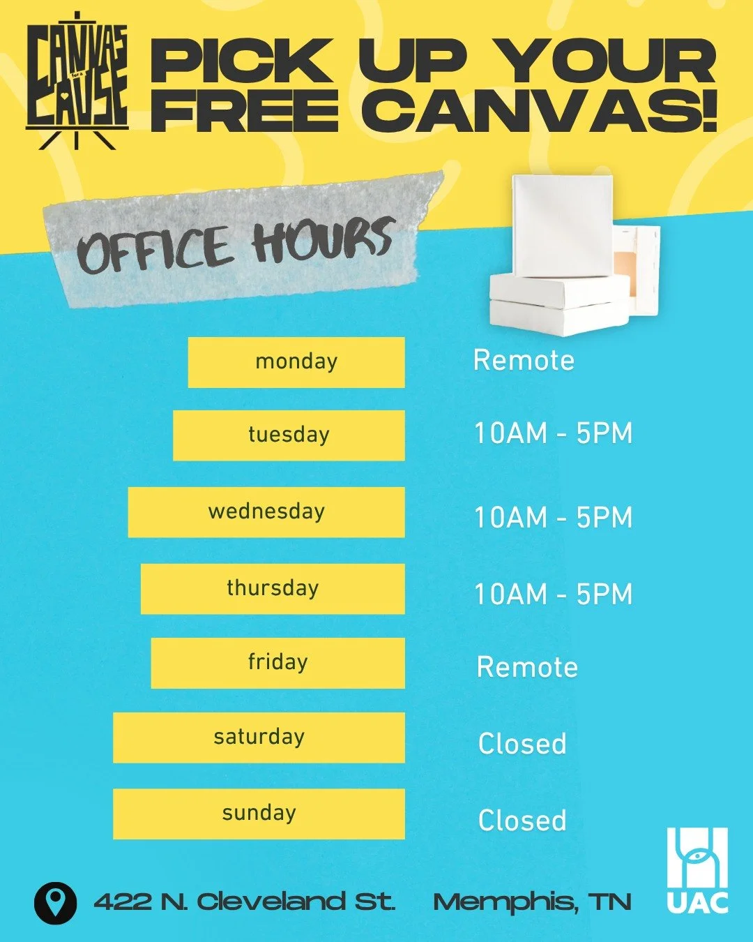 Pick up your FREE Canvas today! Come by our office at 422 N. Cleveland St, 38104. Tuesday through Thursday from 10AM to 5PM. If those dates and times don't work for you, please send us a message. We are remotely accessible on Monday and Friday, so fe