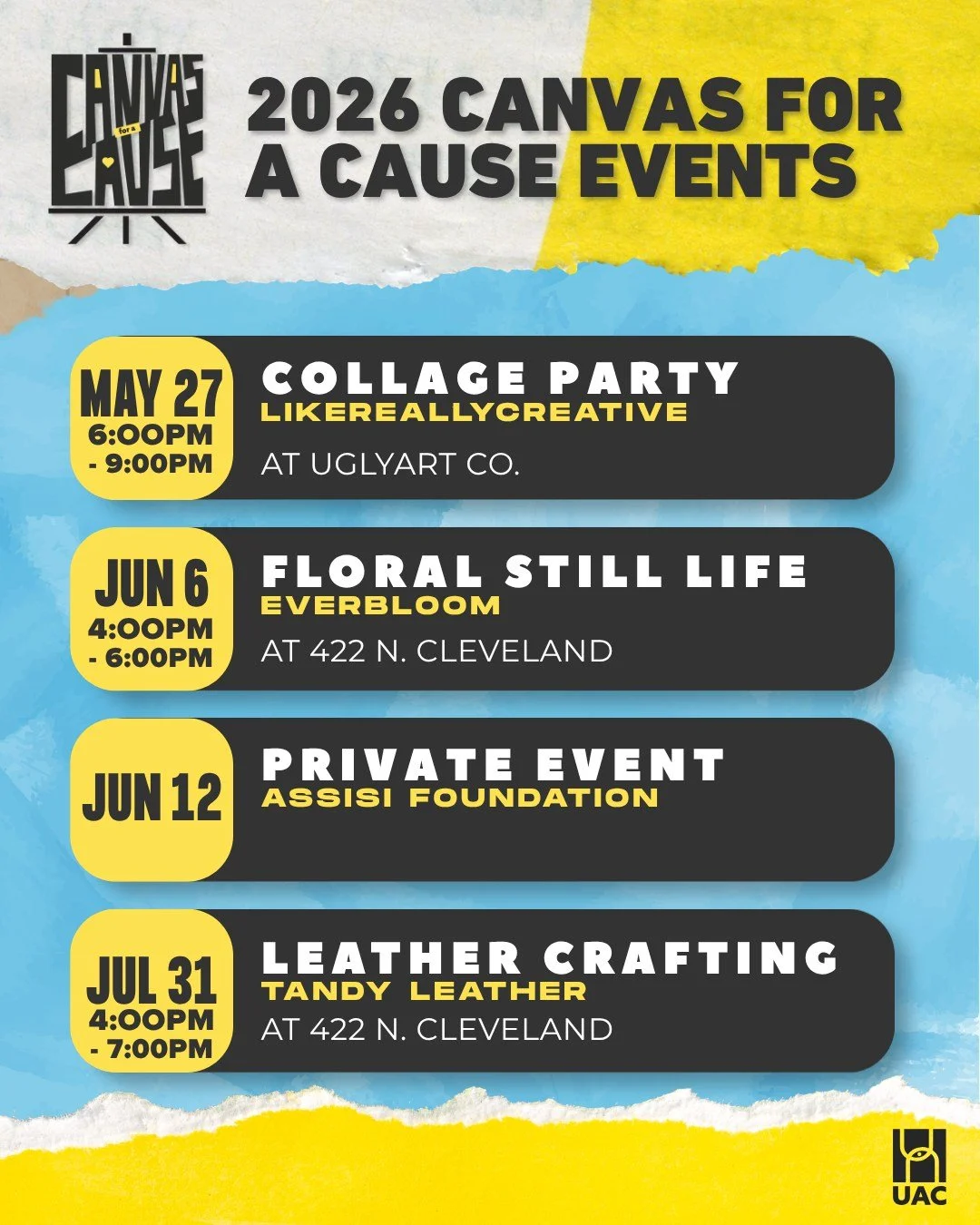 Join us for Canvas for a Cause &mdash; unique art experiences designed to help us collect canvases for this year&rsquo;s fundraiser art show! Every 6x6 canvas created will be donated to the Canvas For A Cause Art Show and sold during the fundraiser t