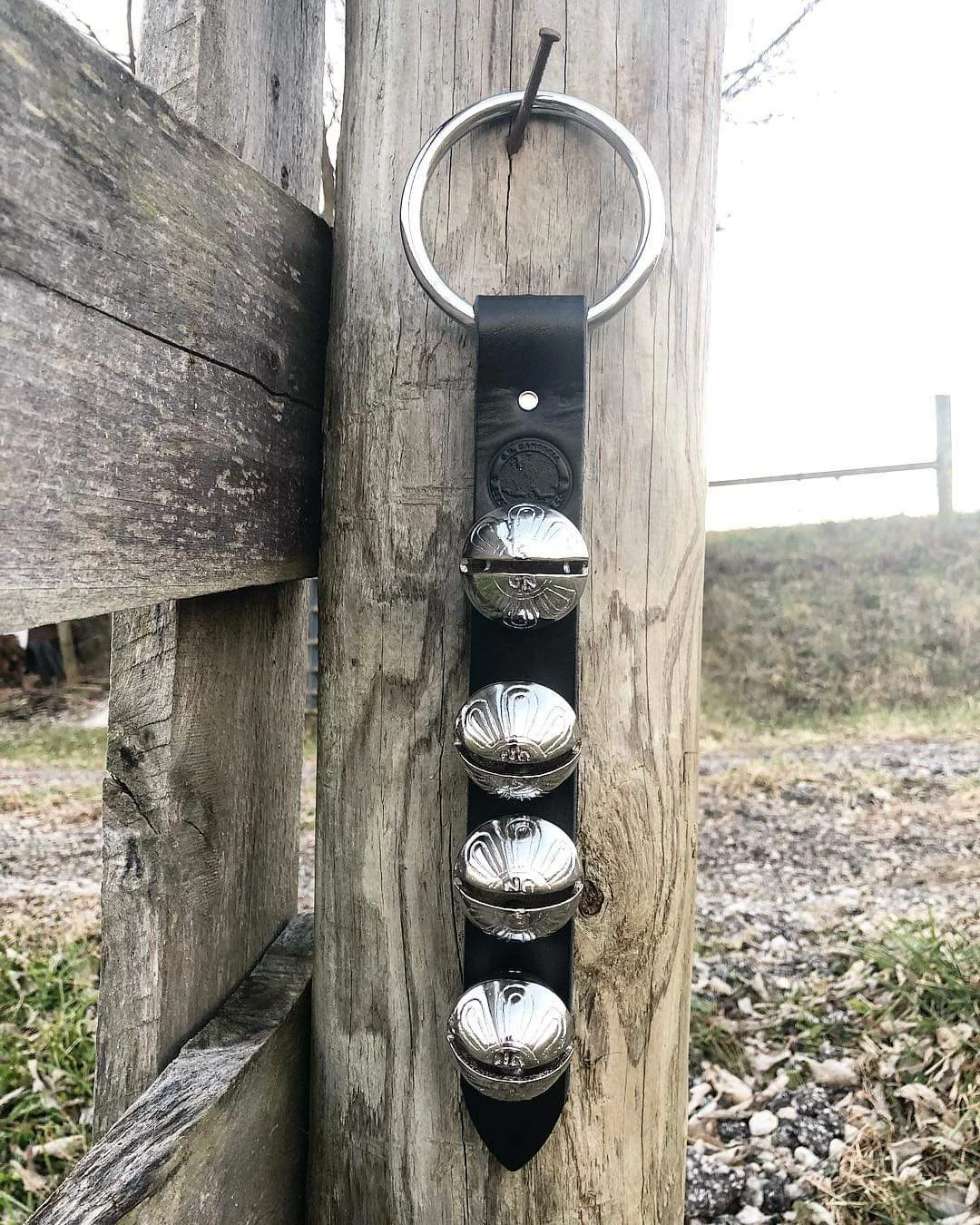 Bridle Leather Sleigh Bells - Chromed Brass on Black