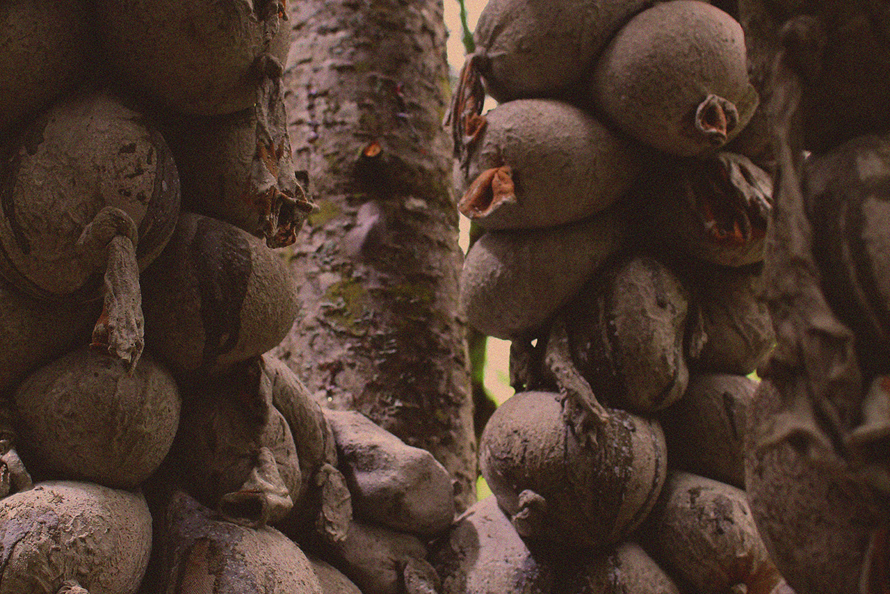 Detail of pavilion made with fabric-formed concrete lazy bricks in the forest