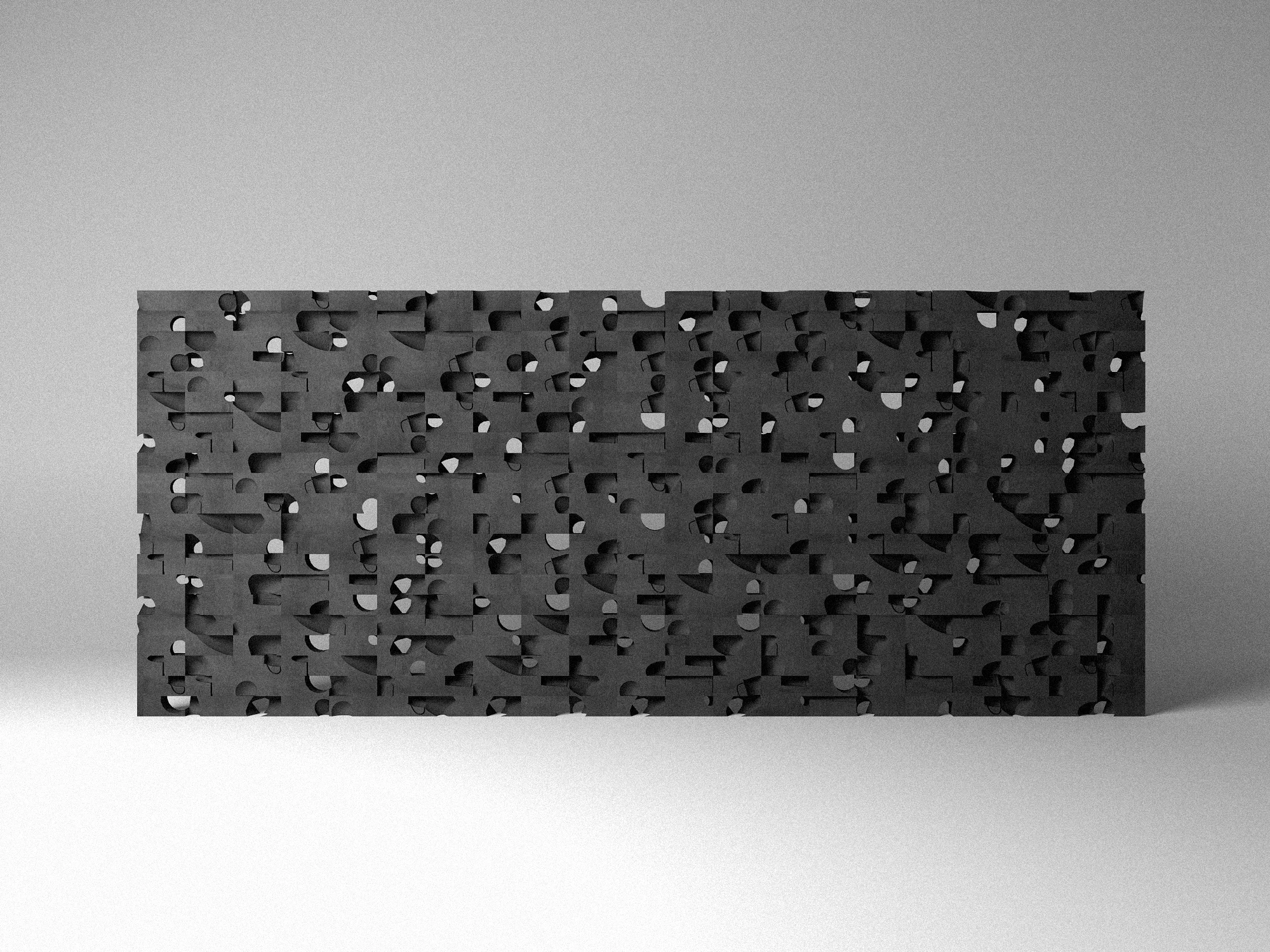 Clay brick wall experiment with carved out voids in the shapes of partial pottery typologies