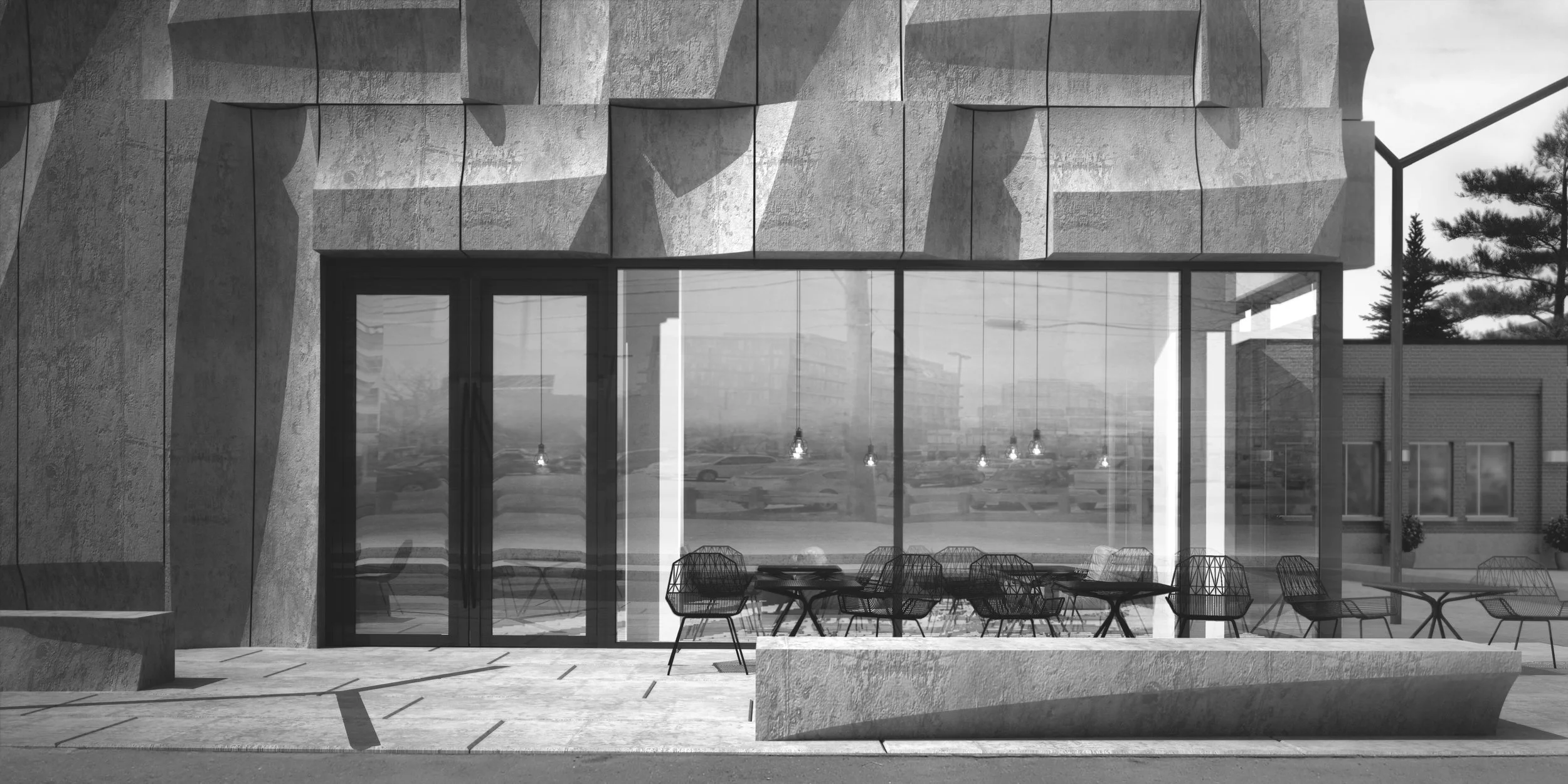 View of main floor cafe with concrete bench