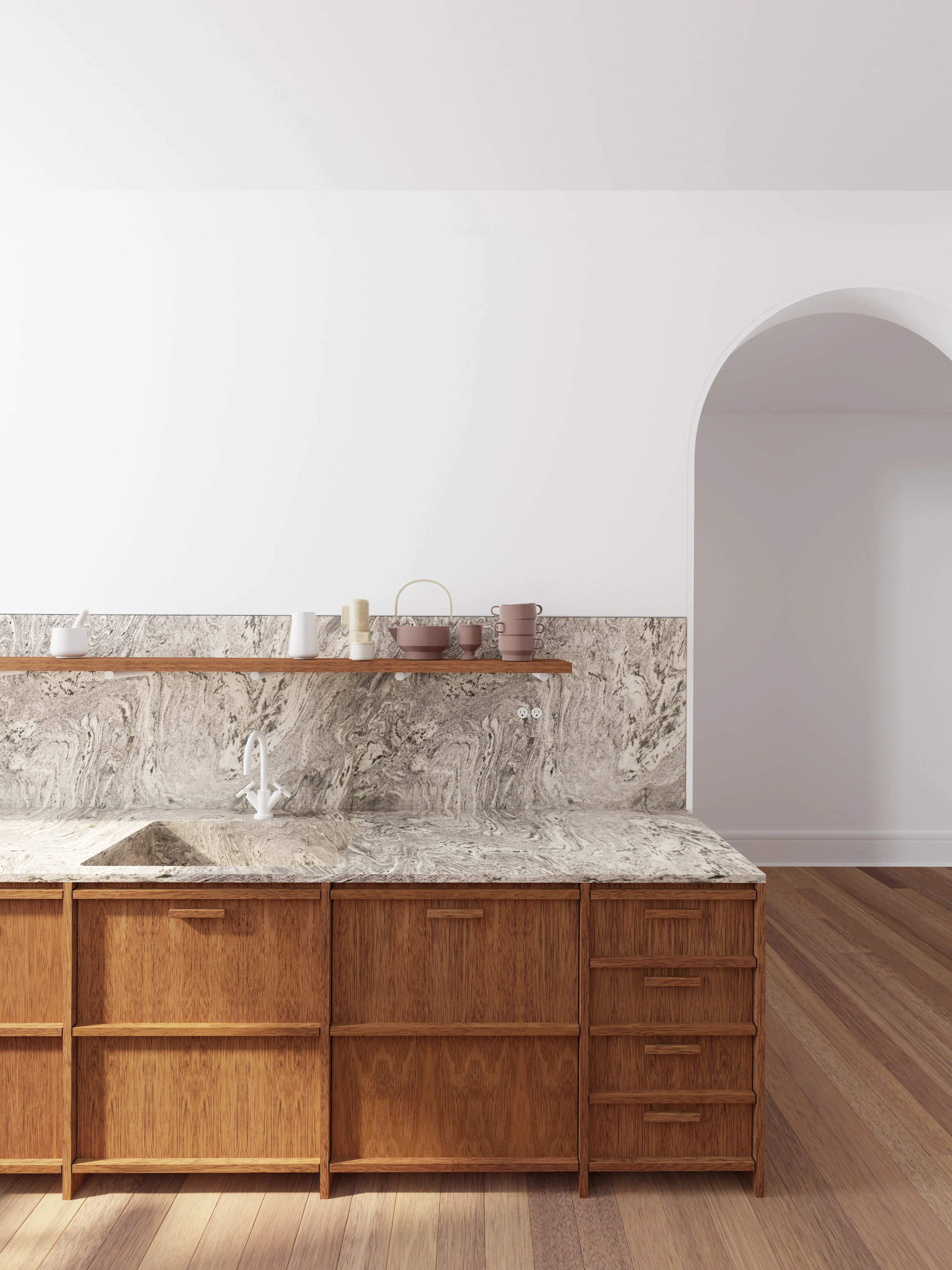 Close up of wood cabinetry showing details and arched doorway