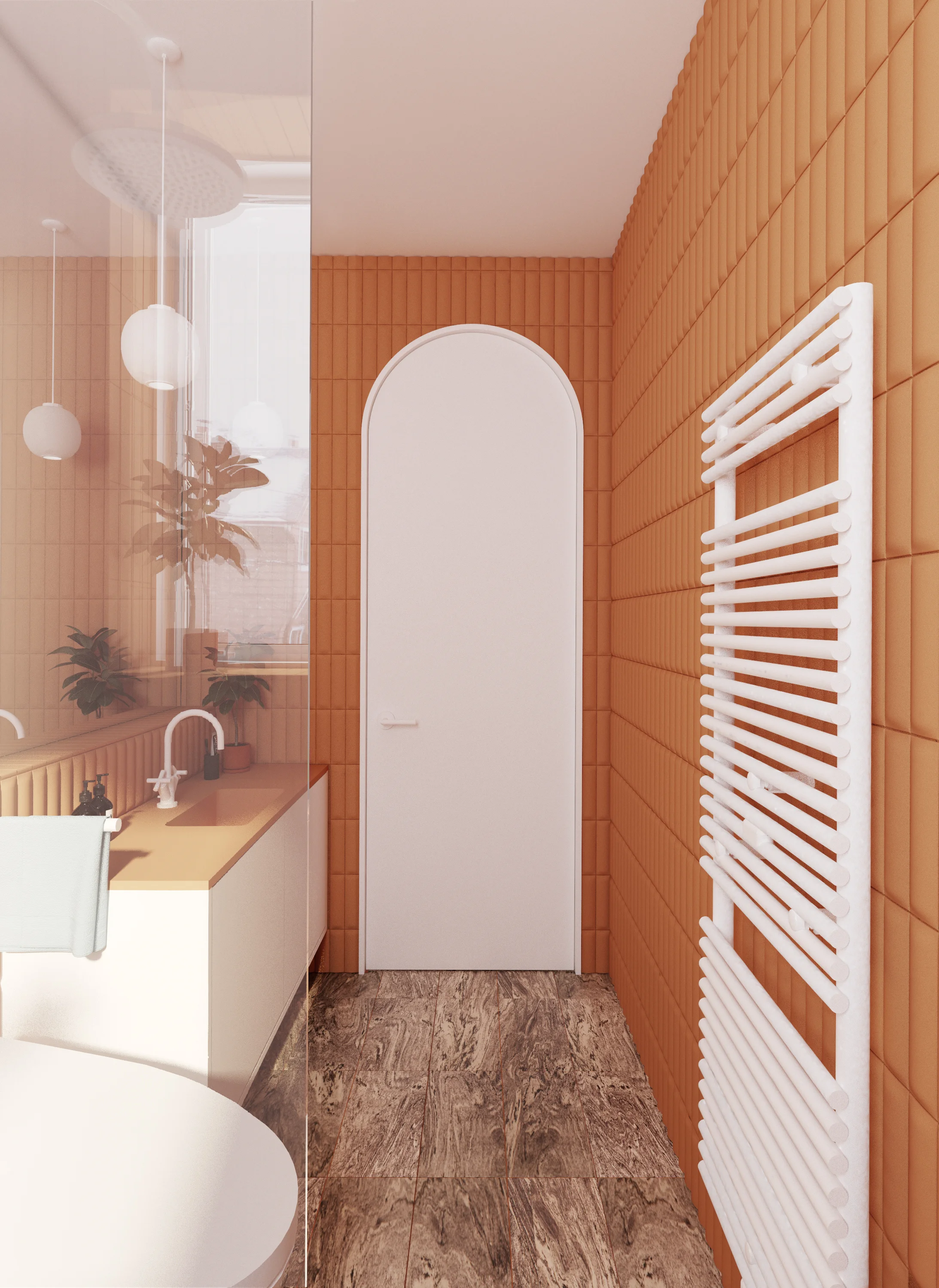 Bathroom renovation with tiled walls and arched door
