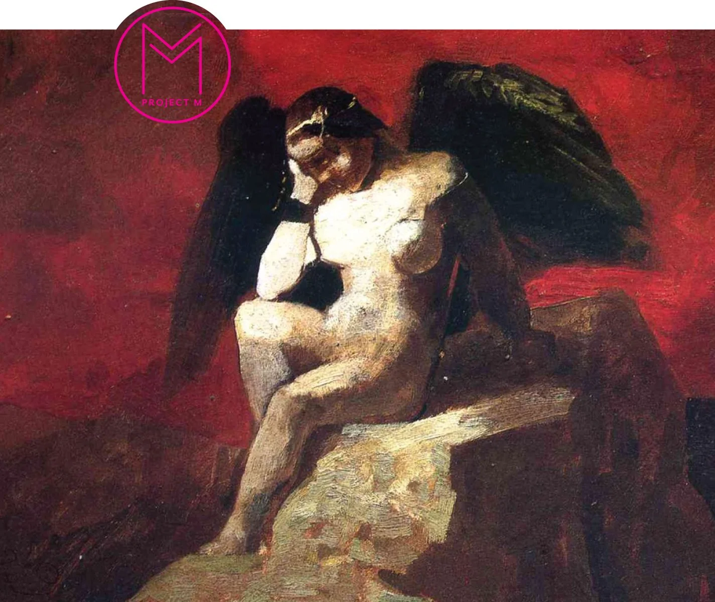 Wine label depicting Odilon Redon's Angel in Chains from 1875.