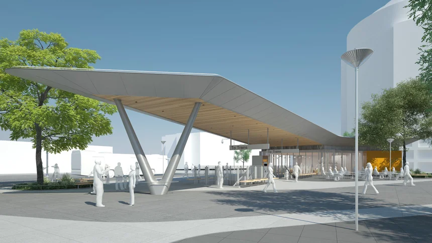 Plaza Café Canopy with Stairs to Train Platforms Below