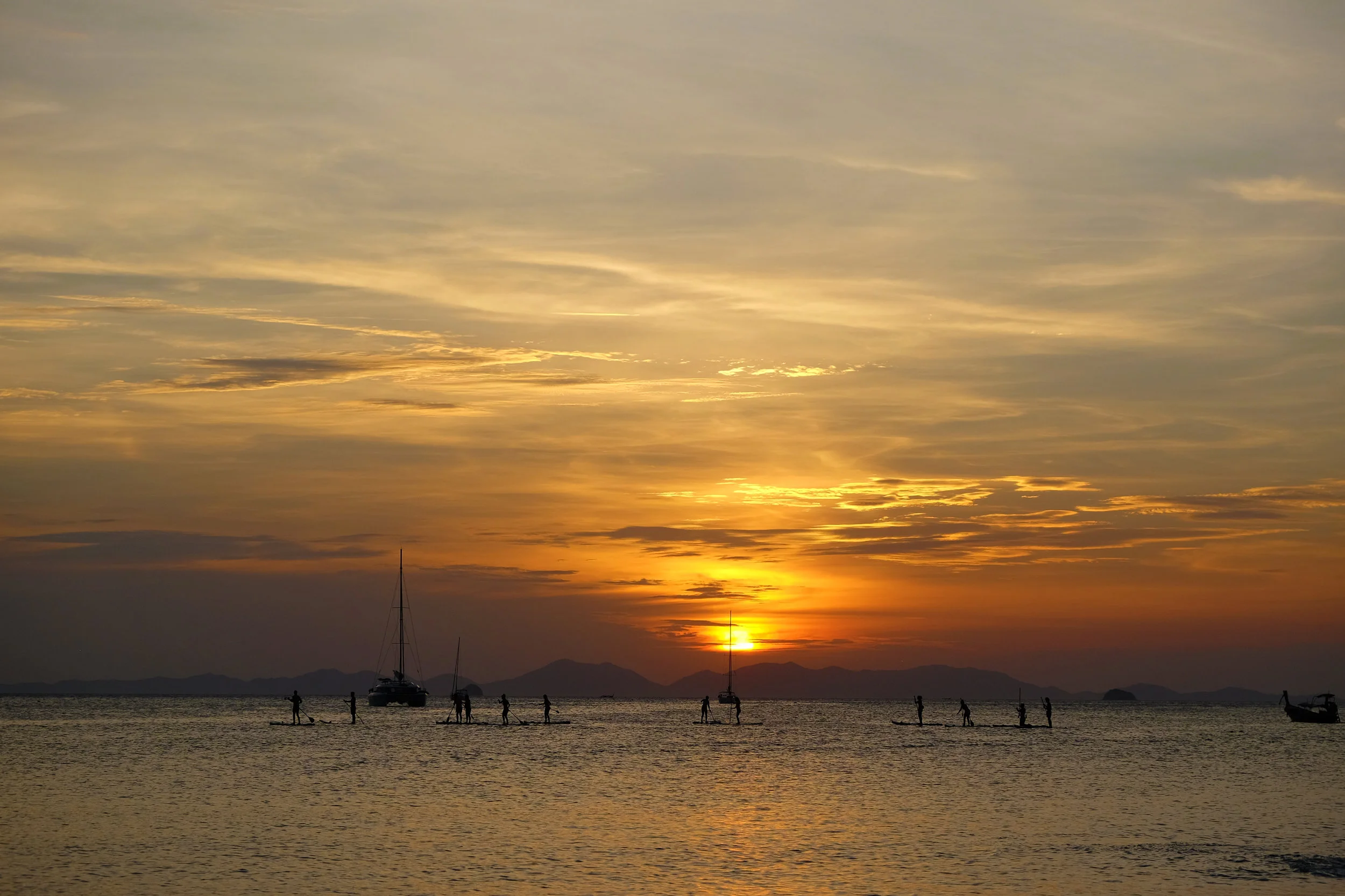Paddle boarders at sunset